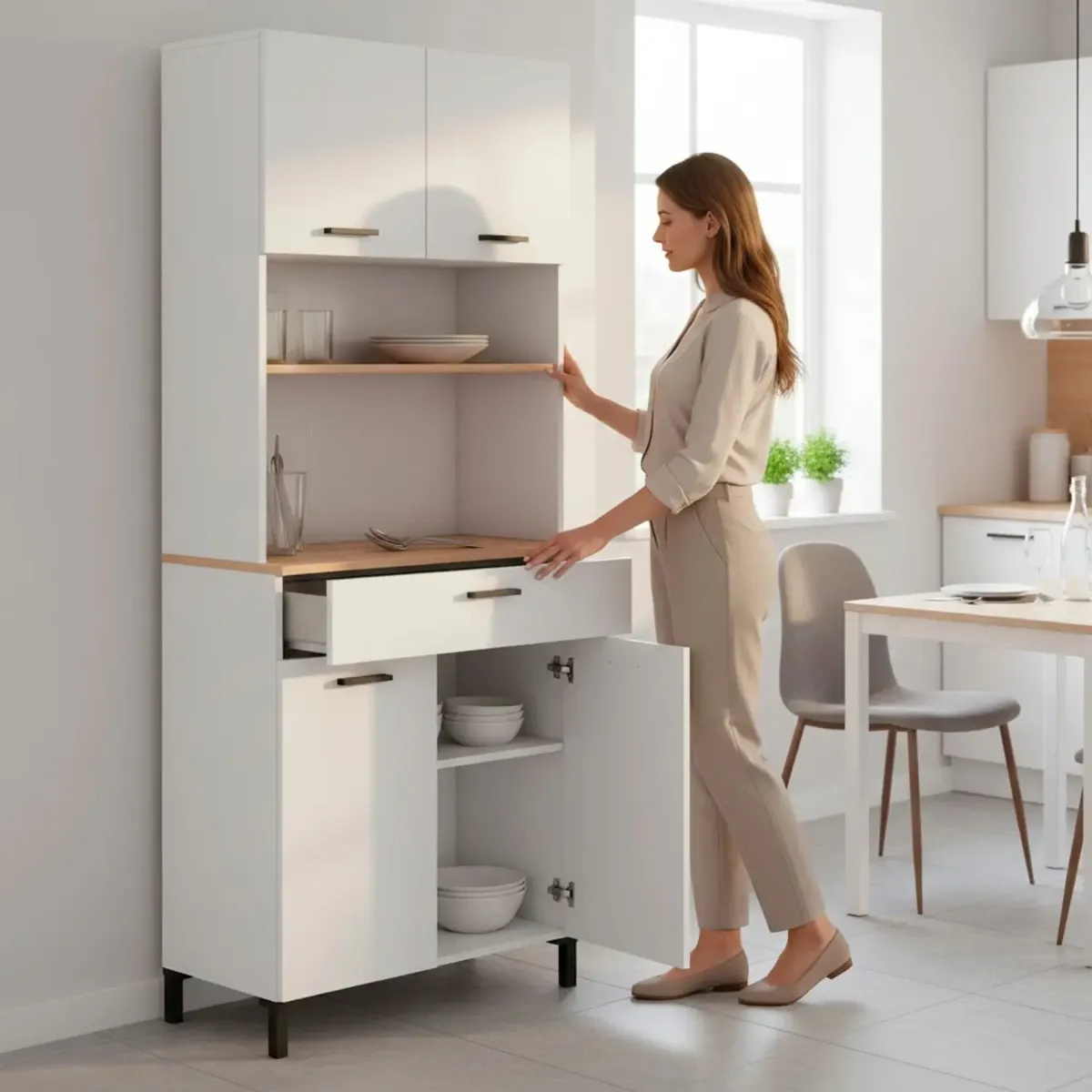 Mobile Dispensa Multiuso con 4 Ante 1 Cassetto E Vano Per Elettrodomestici Colonna Cucina Salvaspazio Moderna Con Ripiani Interni E Piano Appoggio 72 x 185 x 40 Cm