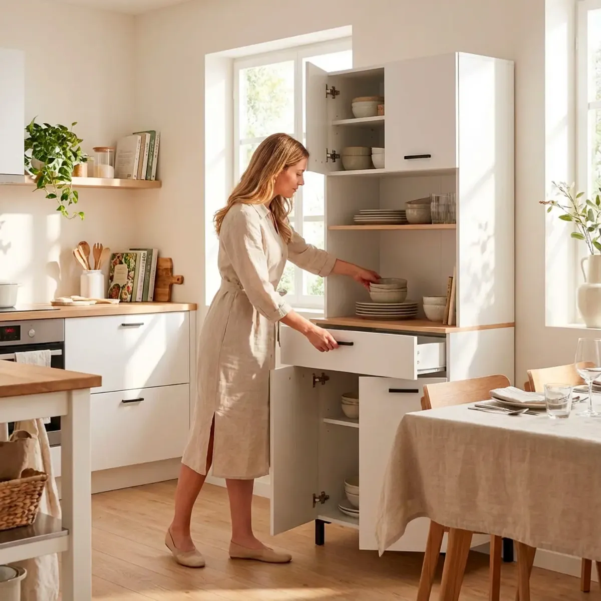 Mobile Dispensa Multiuso con 4 Ante 1 Cassetto E Vano Per Elettrodomestici Colonna Cucina Salvaspazio Moderna Con Ripiani Interni E Piano Appoggio 72 x 185 x 40 Cm