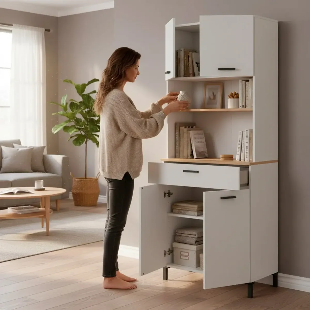 Mobile Dispensa Multiuso con 4 Ante 1 Cassetto E Vano Per Elettrodomestici Colonna Cucina Salvaspazio Moderna Con Ripiani Interni E Piano Appoggio 72 x 185 x 40 Cm