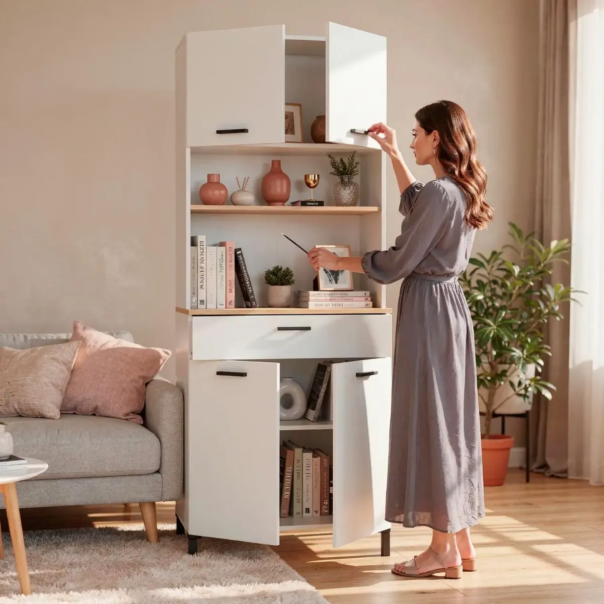 Mobile Dispensa Multiuso con 4 Ante 1 Cassetto E Vano Per Elettrodomestici Colonna Cucina Salvaspazio Moderna Con Ripiani Interni E Piano Appoggio 72 x 185 x 40 Cm