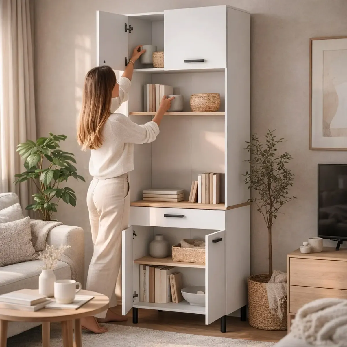 Mobile Dispensa Multiuso con 4 Ante 1 Cassetto E Vano Per Elettrodomestici Colonna Cucina Salvaspazio Moderna Con Ripiani Interni E Piano Appoggio 72 x 185 x 40 Cm