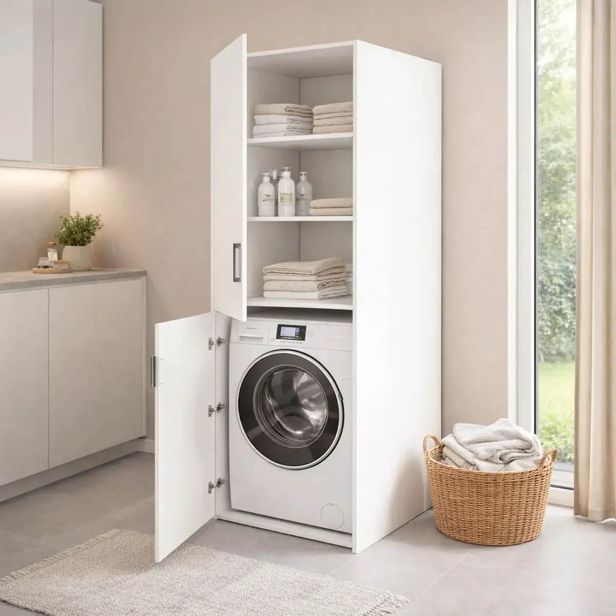 Mobile Lavatrice Asciugatrice Con 2 Ante E Ripiani Mobiletto Lavanderia Bagno Armadietto Verticale Armadio Salvaspazio Con Vano Incasso Chiusura Soft Closing Design Moderno 70 × 70 × 180 Cm-Bianco