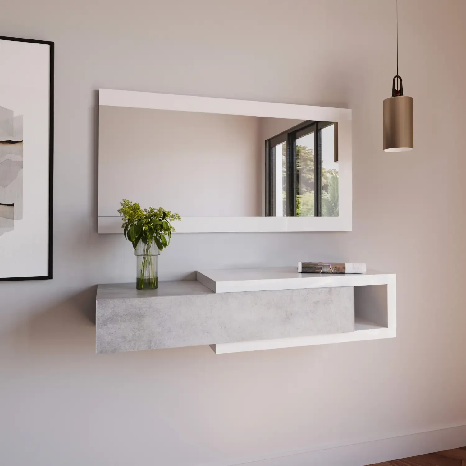 Mobile Palma Mobiletto da Ingresso Sospeso con Cassetto Mensola e Specchio Arredo Arredamento Sala 95 x 19 x 26 cm Colore Bianco Lucido e Grigio Cemento