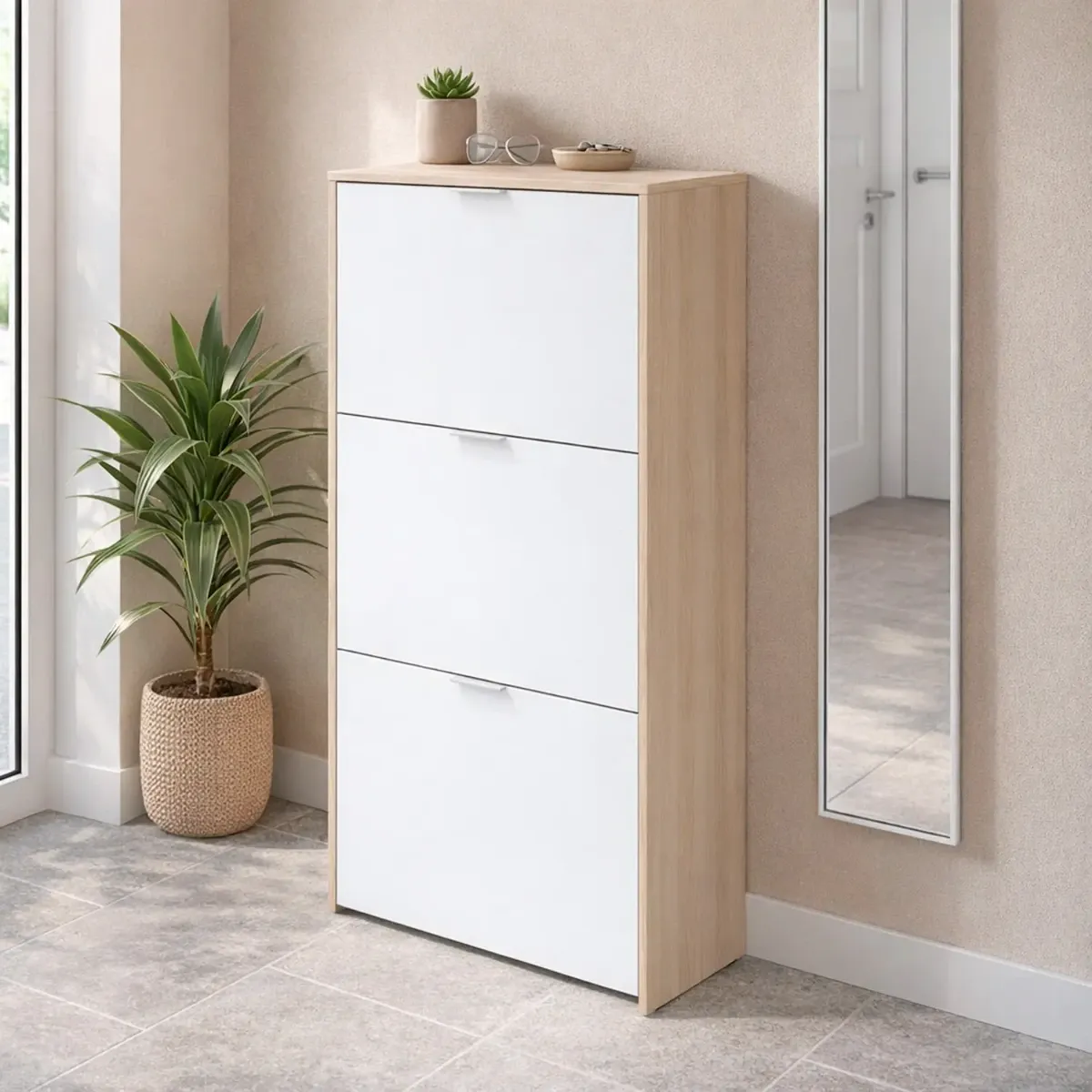 Mobile Portascarpe Salvaspazio Con 3 Ante A Ribalta Capacità Fino A 18 Paia Scarpiera Design Moderno E Minimal Per Ingresso Corridoio Camera Ripostiglio  113 x 60 x 22 Cm-Rovere e Bianco Lucido