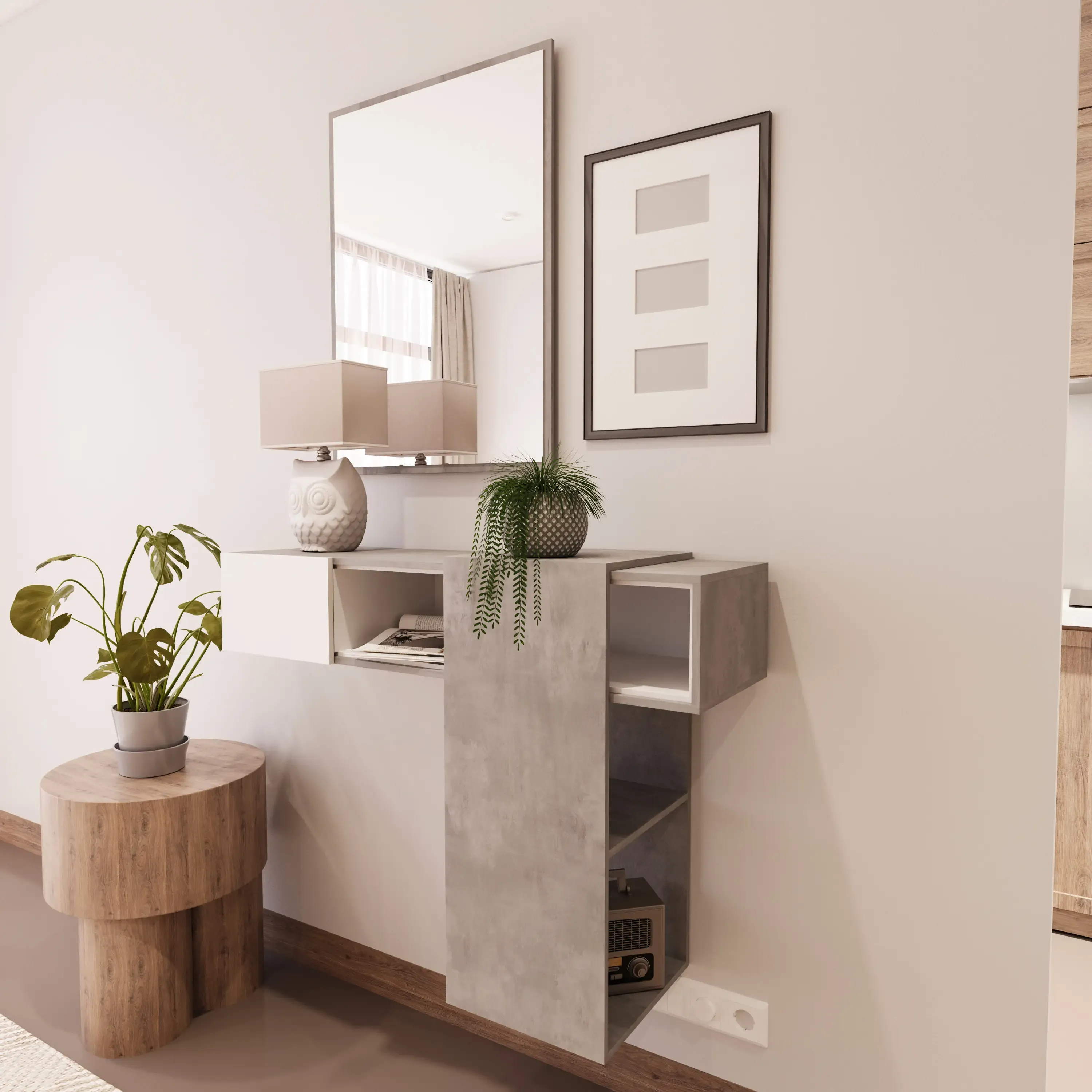 Mobile Rosemborg Mobiletto da Ingresso Mensola Sospesa con Specchio E Ripiani Scorrevole Arredo Arredamento Sala 100 x 31.5 x 75 cm Colore Bianco e Cemento