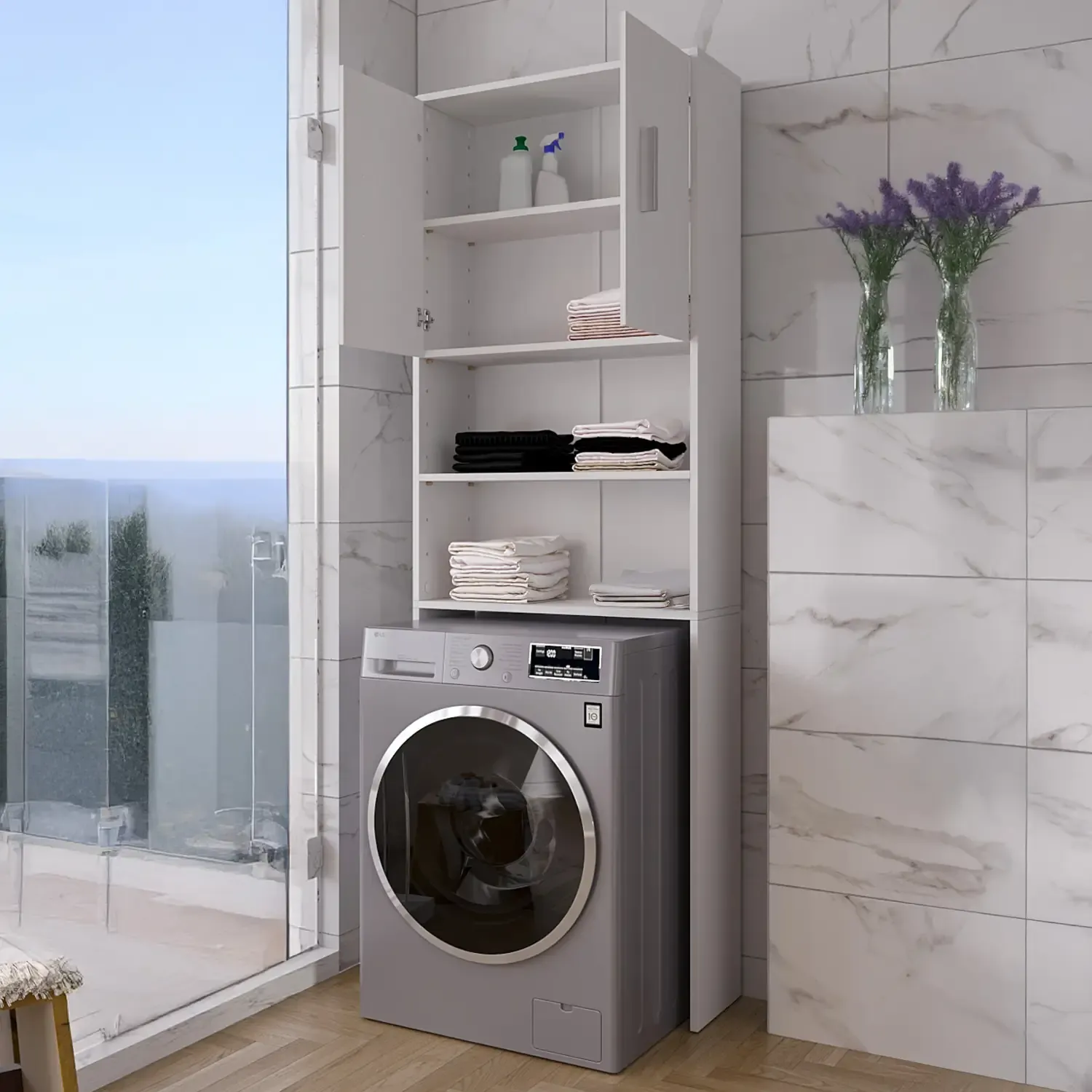 Mobile Sopra Lavatrice Asciugatrice Armadio Mobiletto Bagno Mobili Salvaspazio Scaffale In Legno Armadietto Da Incasso A Colonna Con Ante Per Lavanderia Coprilavatrice Orem 190 x 26 x 64 Cm Bianco