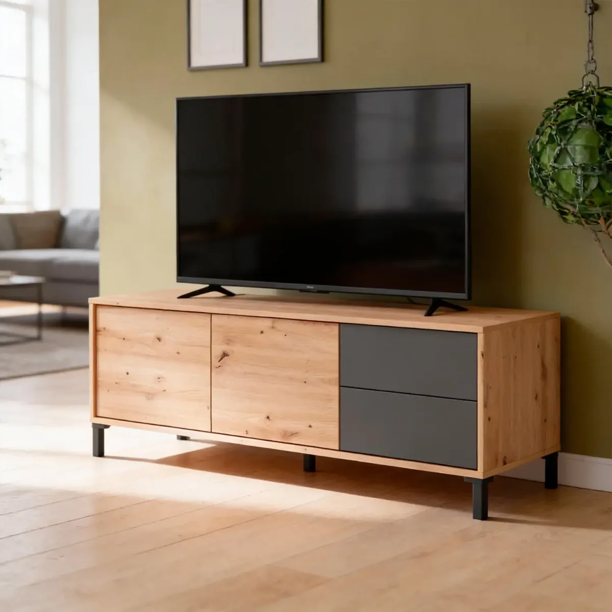 Mobile TV Madia Credenza Moderna Con 2 Ante E 2 Cassetti Mobile Contenitore Per Soggiorno Sala Da Pranzo Con Apertura Push E Gambe In ABS 47 x 130 x 41 Cm-Rovere e Grigio antracite