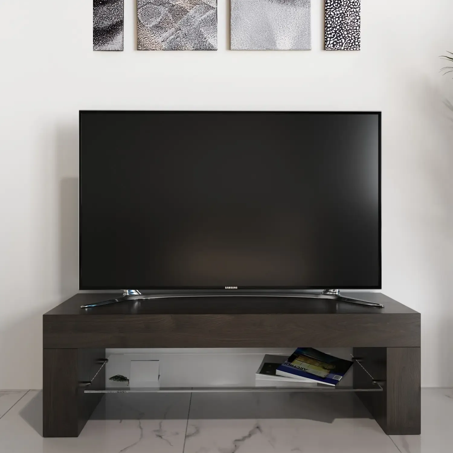 Mobile TV salotto soggiorno ripiano in vetro base televisione rovere moro