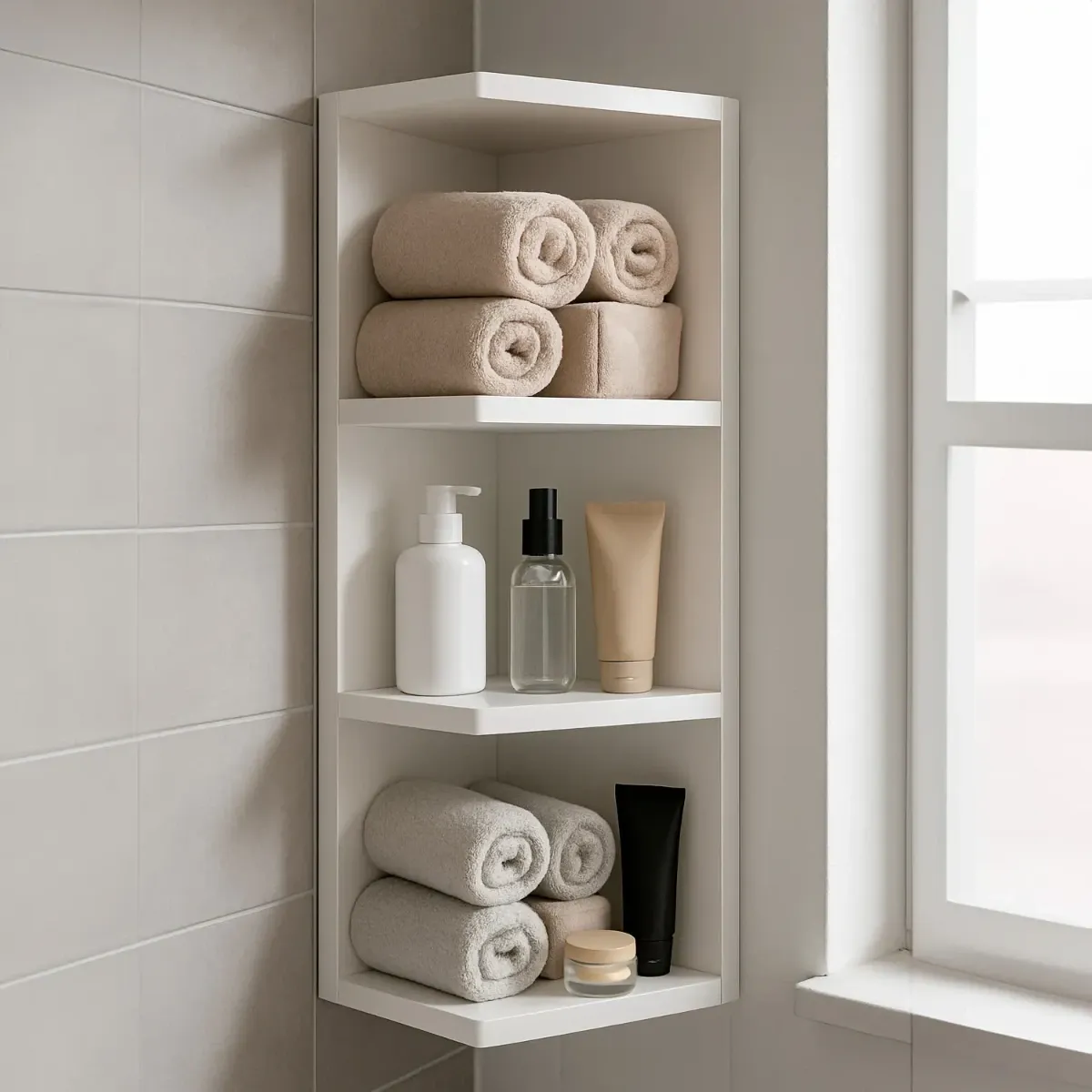 Modulo Angolare Bagno Sospeso Con 3 Ripiani Mobile Salvaspazio Mobiletto Da Parete Per Organizzare Accessori Prodotti Asciugamani Design Moderno Compatto Regina 65 x 20 x 19.5 Cm-Bianco lucido