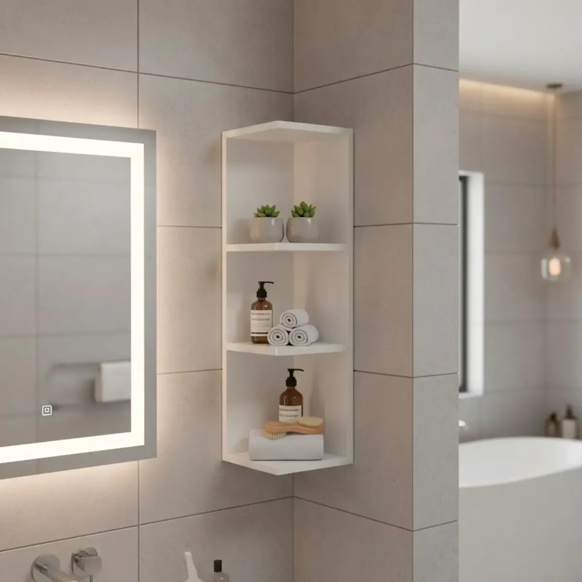 Modulo Angolare Bagno Sospeso Con 3 Ripiani Mobile Salvaspazio Mobiletto Da Parete Per Organizzare Accessori Prodotti Asciugamani Design Moderno Compatto Regina 65 x 20 x 19.5 Cm