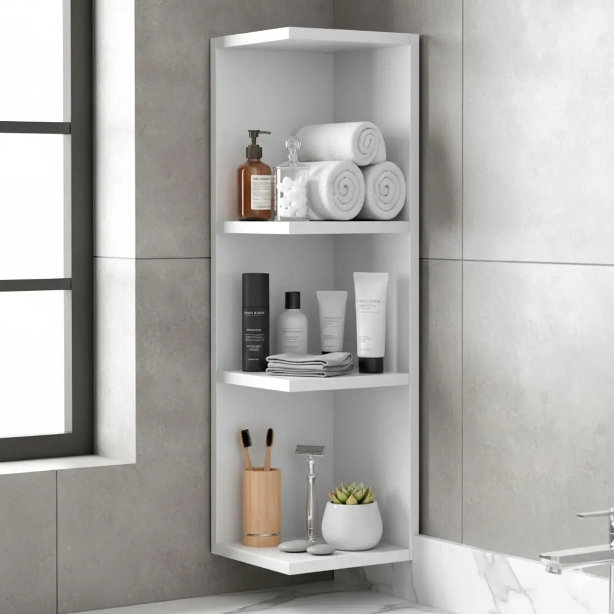 Modulo Angolare Bagno Sospeso Con 3 Ripiani Mobile Salvaspazio Mobiletto Da Parete Per Organizzare Accessori Prodotti Asciugamani Design Moderno Compatto Regina 65 x 20 x 19.5 Cm