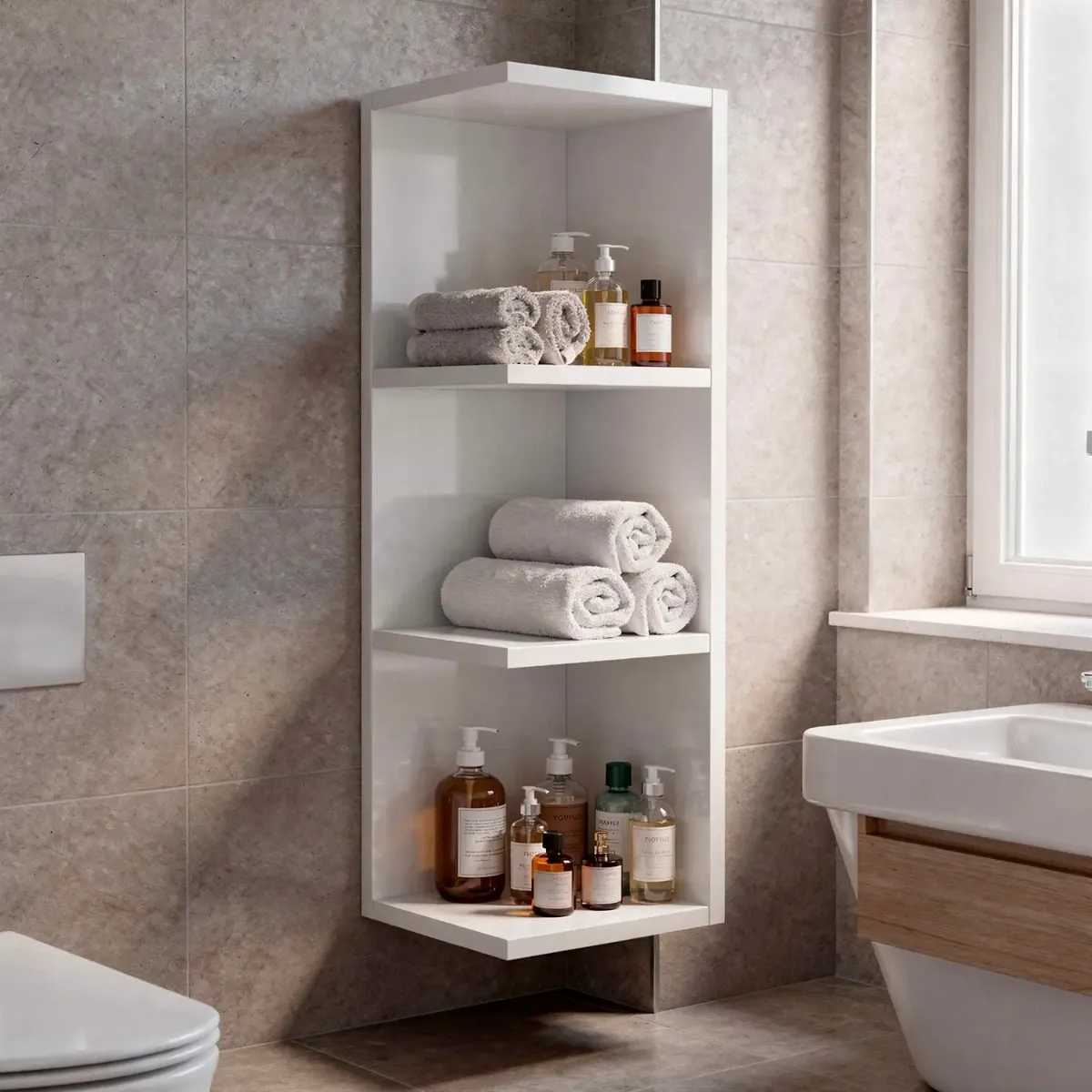 Modulo Angolare Bagno Sospeso Con 3 Ripiani Mobile Salvaspazio Mobiletto Da Parete Per Organizzare Accessori Prodotti Asciugamani Design Moderno Compatto Regina 65 x 20 x 19.5 Cm