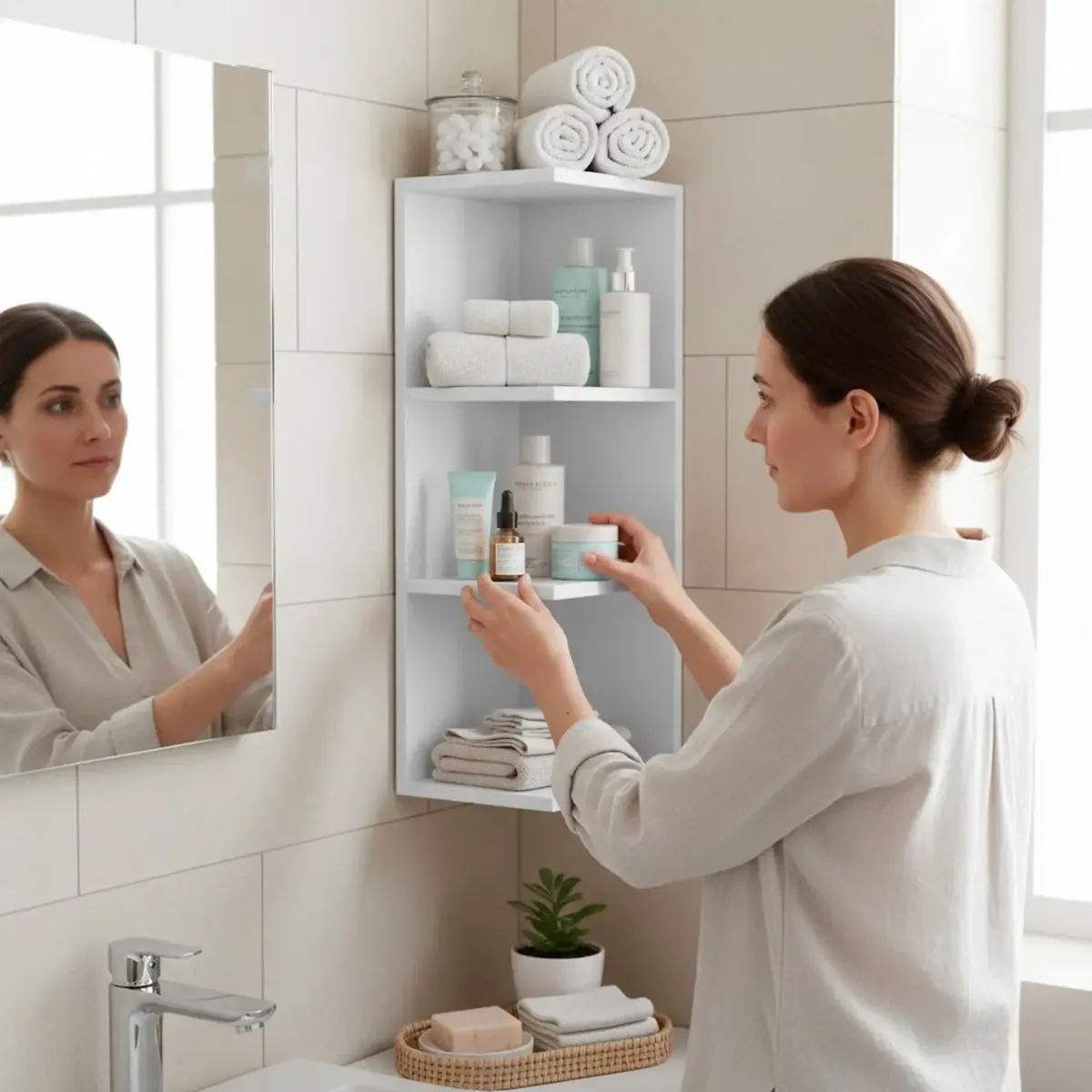 Modulo Angolare Bagno Sospeso Con 3 Ripiani Mobile Salvaspazio Mobiletto Da Parete Per Organizzare Accessori Prodotti Asciugamani Design Moderno Compatto Regina 65 x 20 x 19.5 Cm