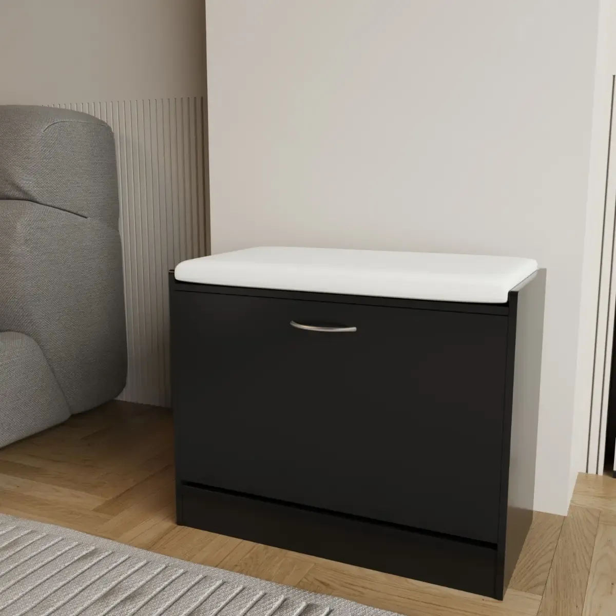 Panca Portascarpe Scarpiera Da Ingresso Piccola Salvaspazio Con Cuscino Anta A Ribalta Seduta Imbottita In Ecopelle Tripla Profondità Soggiorno Casa Camera Ufficio 60 x 30 x 48 Cm (Nero Liscio)