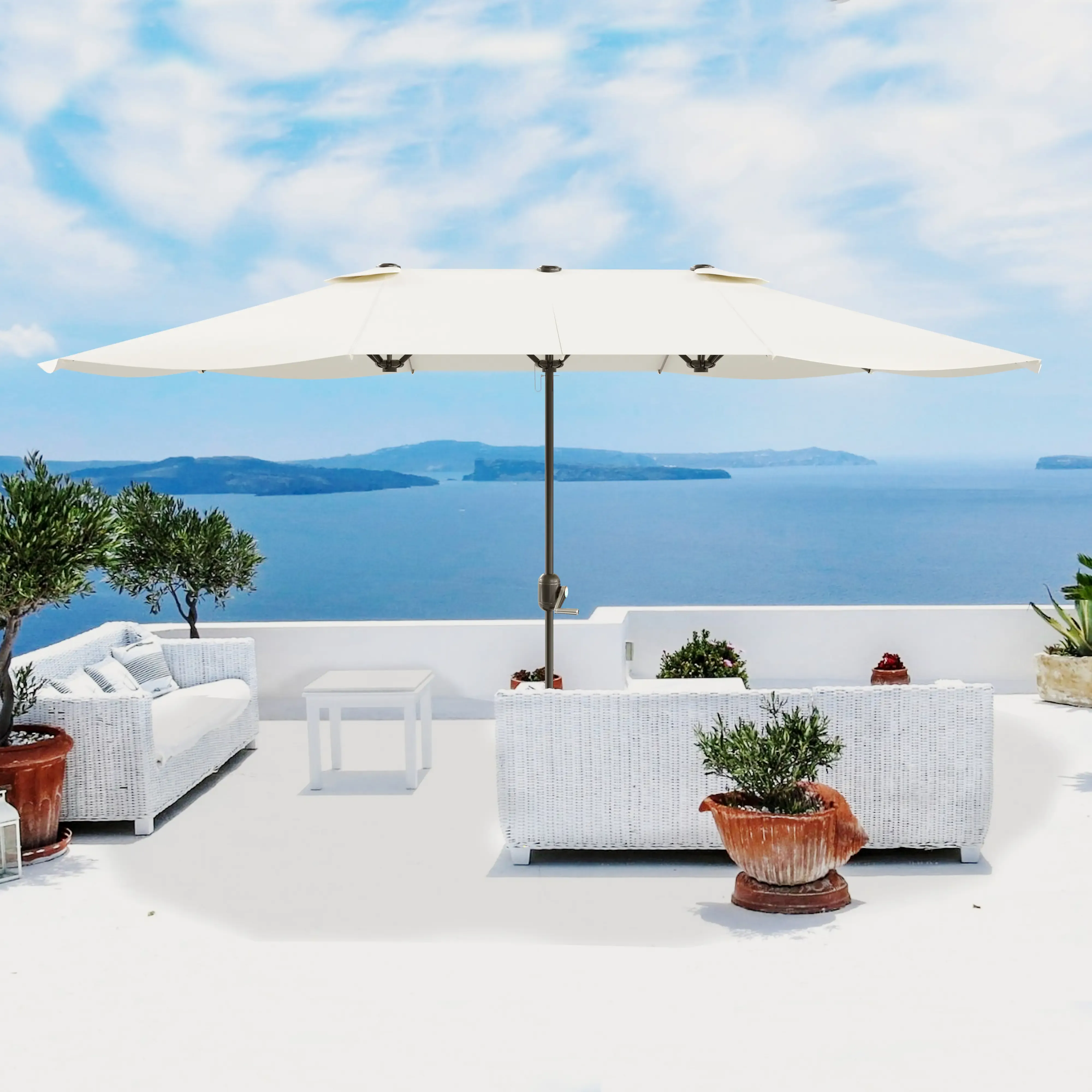 Ombrellone Doppio Da Giardino Parasole 4.6 x 2.4 M Per Esterno Piscina Terrazzo Con Palo In Acciaio E Tessuto In Poliestere Impermeabilie Anti UV Apertura A Manovella Colore Panna