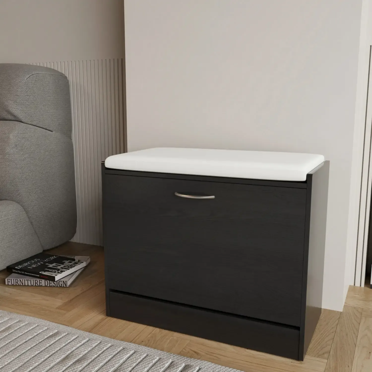 Panca Portascarpe Scarpiera Da Ingresso Piccola Salvaspazio Con Cuscino Anta A Ribalta Seduta Imbottita In Ecopelle Tripla Profondità Soggiorno Casa Camera Ufficio 60 x 30 x 48 Cm (Nero)