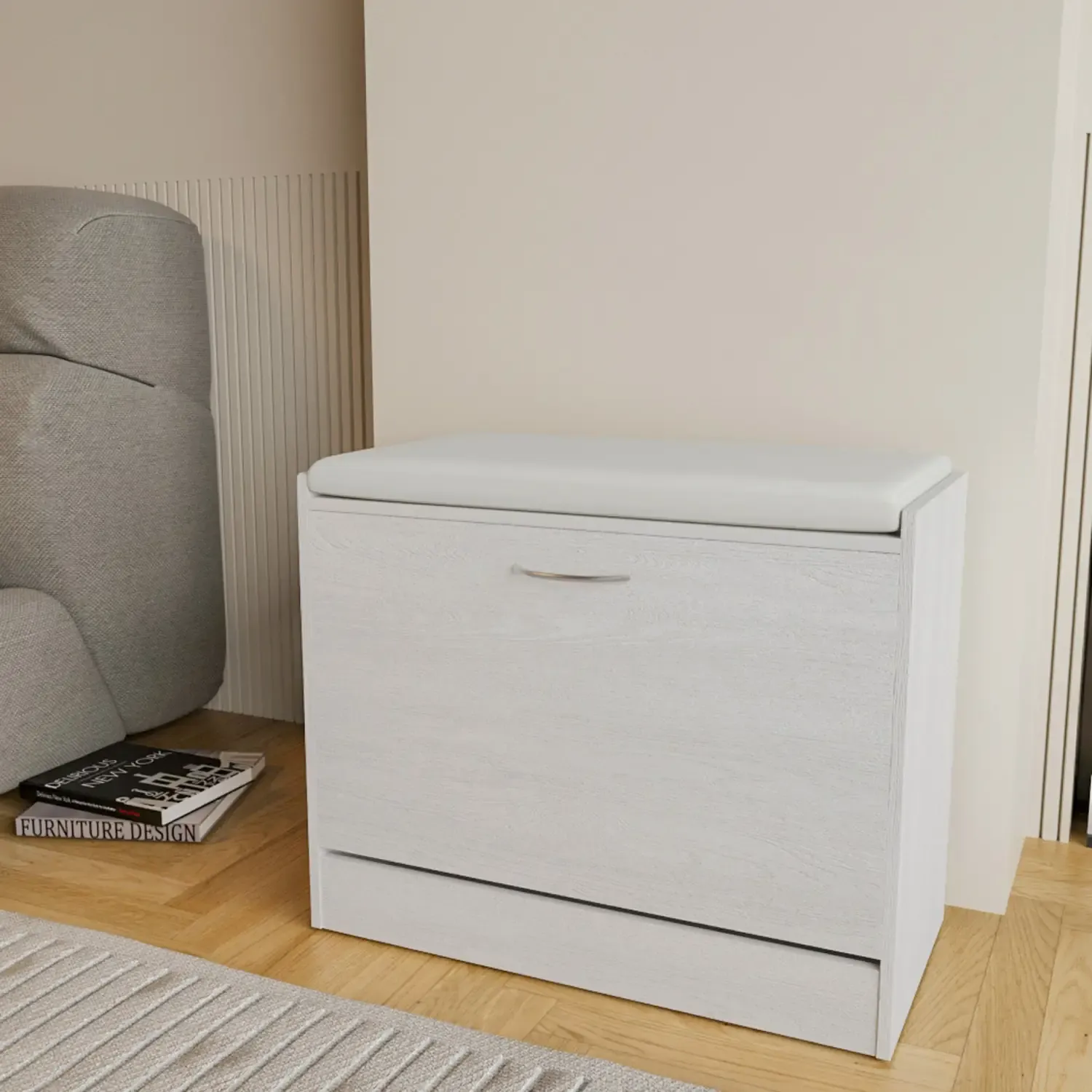 Panca Portascarpe Scarpiera Da Ingresso Piccola Salvaspazio Con Cuscino Anta A Ribalta Seduta Imbottita In Ecopelle Tripla Profondità Soggiorno Casa Camera Ufficio 60 x 30 x 48 Cm Bianco Frassinato