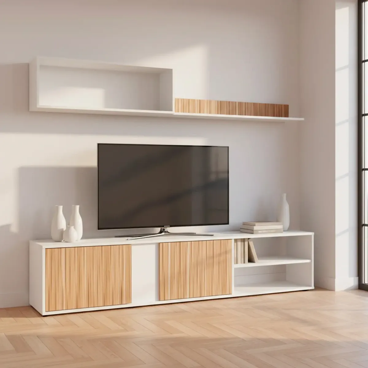 Parete Attrezzata Moderna Con Ante Mensole Vani A Giorno Mobile TV Design Moderno Moduli Sospesi Da Soggiorno Salotto Zona Living 40 x 180 x 33 Cm-Bianco e rovere