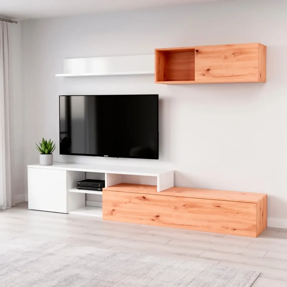 Parete Attrezzata Soggiorno Mobile TV Con Modulo Superiore E Mensola Foro Passacavi Design Moderno Per Zona Living Elegante E Funzionale 220 x 44 x 40 Cm-Bianco e rovere