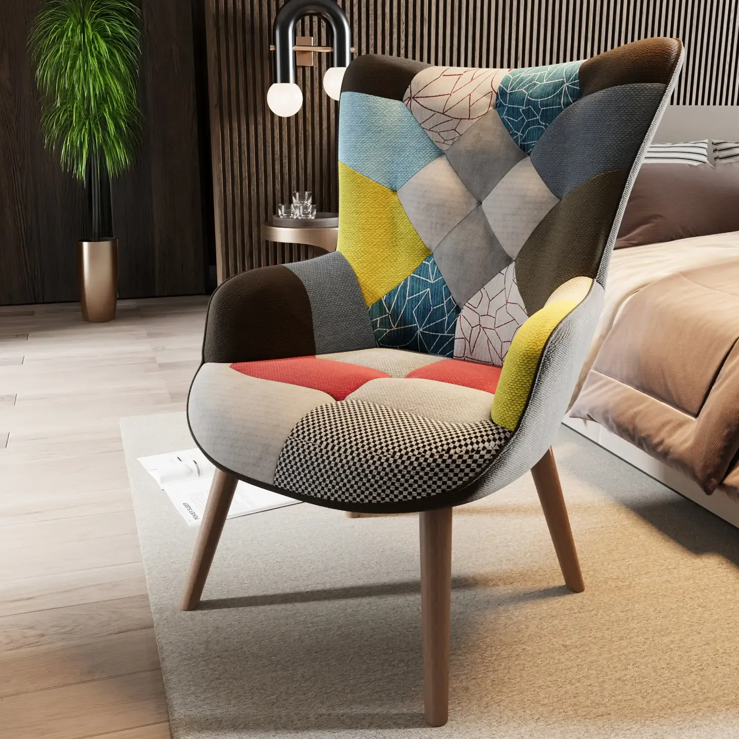 Poltrona Patchwork Memory Foam con Braccioli. Imbottita con Schienale Alto E Piedi in Legno, Design per Ufficio, Studio, Salotto, Soggiorno, 76 x 68 x 98 cm (Multicolore)