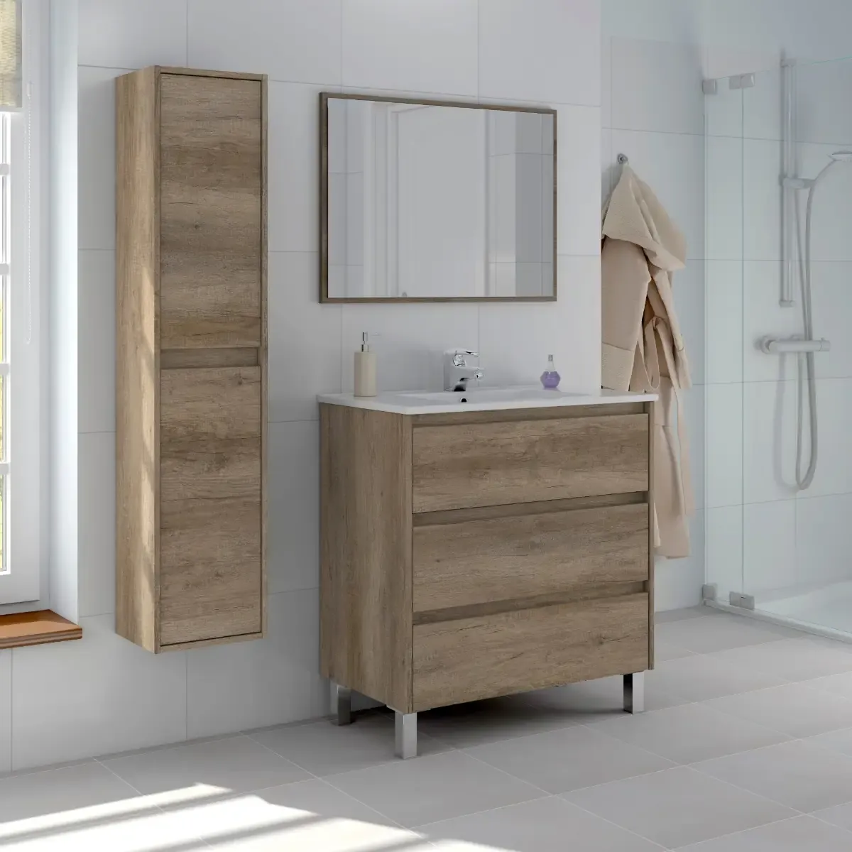 Mobile Bagno Sospeso Armadietto A Colonna Armadio Pensile 2 Ante 4 Ripiani Rovere Arredamento Bagno Nordico Moderno 30 x 25.5 x 140 cm Colore Rovere Scuro