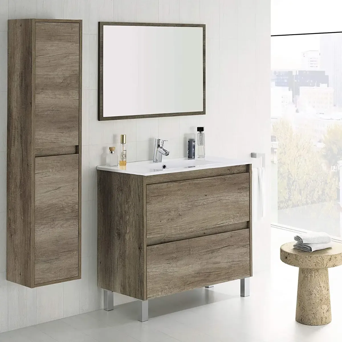 Mobile Bagno Sospeso Armadietto A Colonna Armadio Pensile 2 Ante 4 Ripiani Rovere Arredamento Bagno Nordico Moderno 30 x 25.5 x 140 cm Colore Rovere Scuro