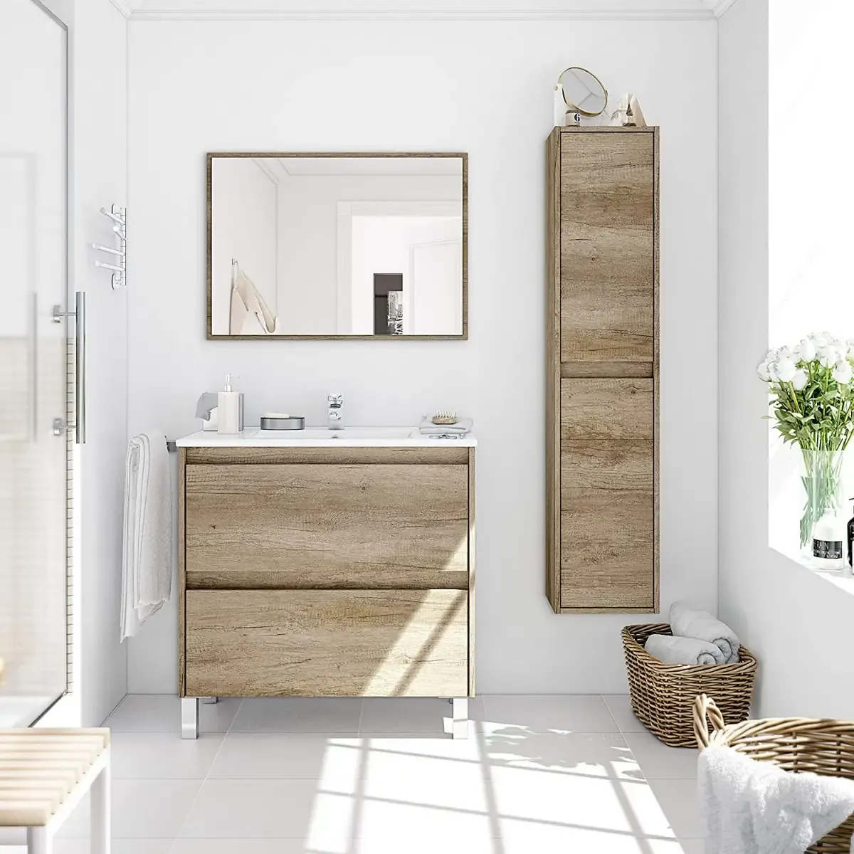Mobile Bagno Sospeso Armadietto A Colonna Armadio Pensile 2 Ante 4 Ripiani Rovere Arredamento Bagno Nordico Moderno 30 x 25.5 x 140 cm Colore Rovere Scuro