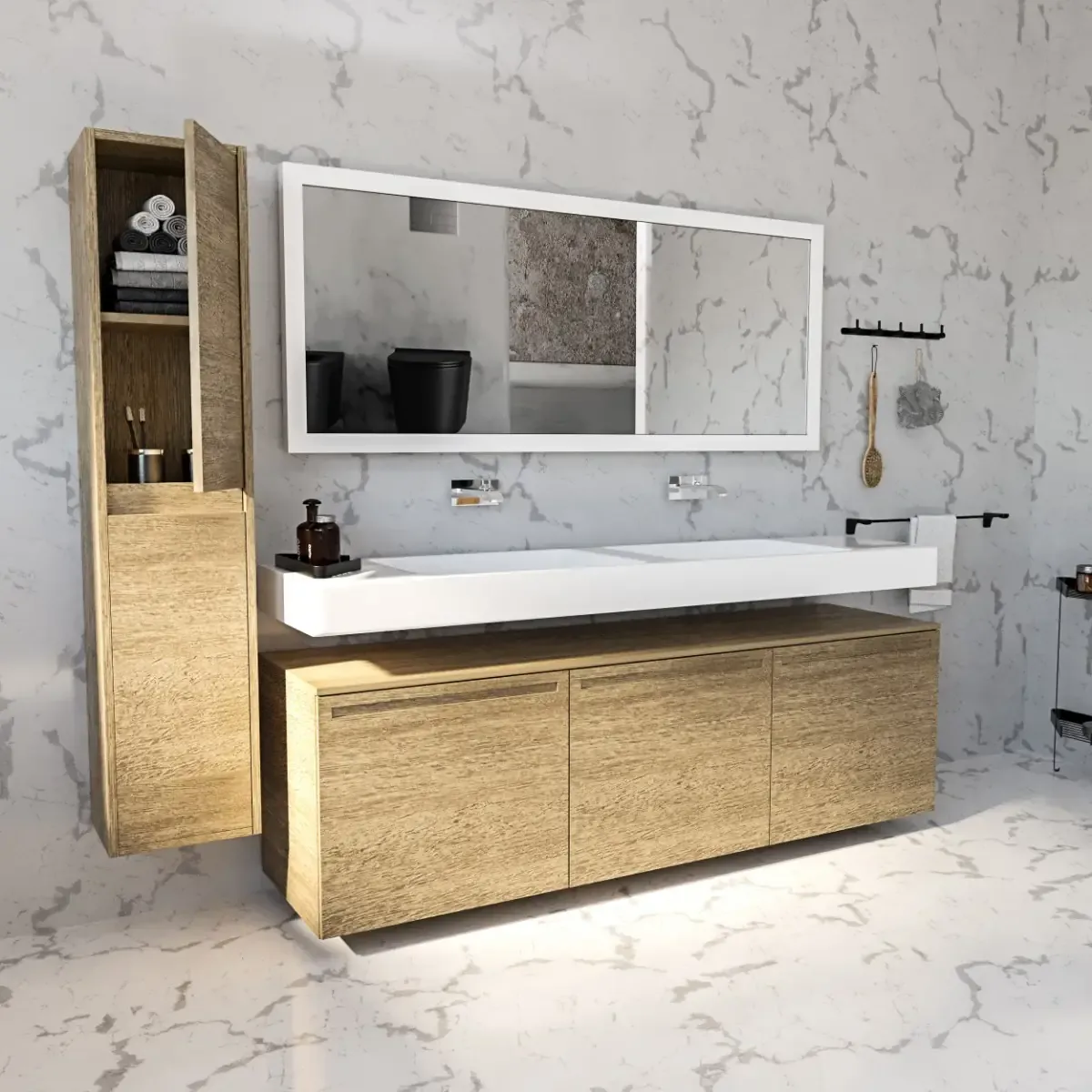 Mobile Bagno Sospeso Armadietto A Colonna Armadio Pensile 2 Ante 4 Ripiani Rovere Arredamento Bagno Nordico Moderno 30 x 25.5 x 140 cm Colore Rovere Scuro