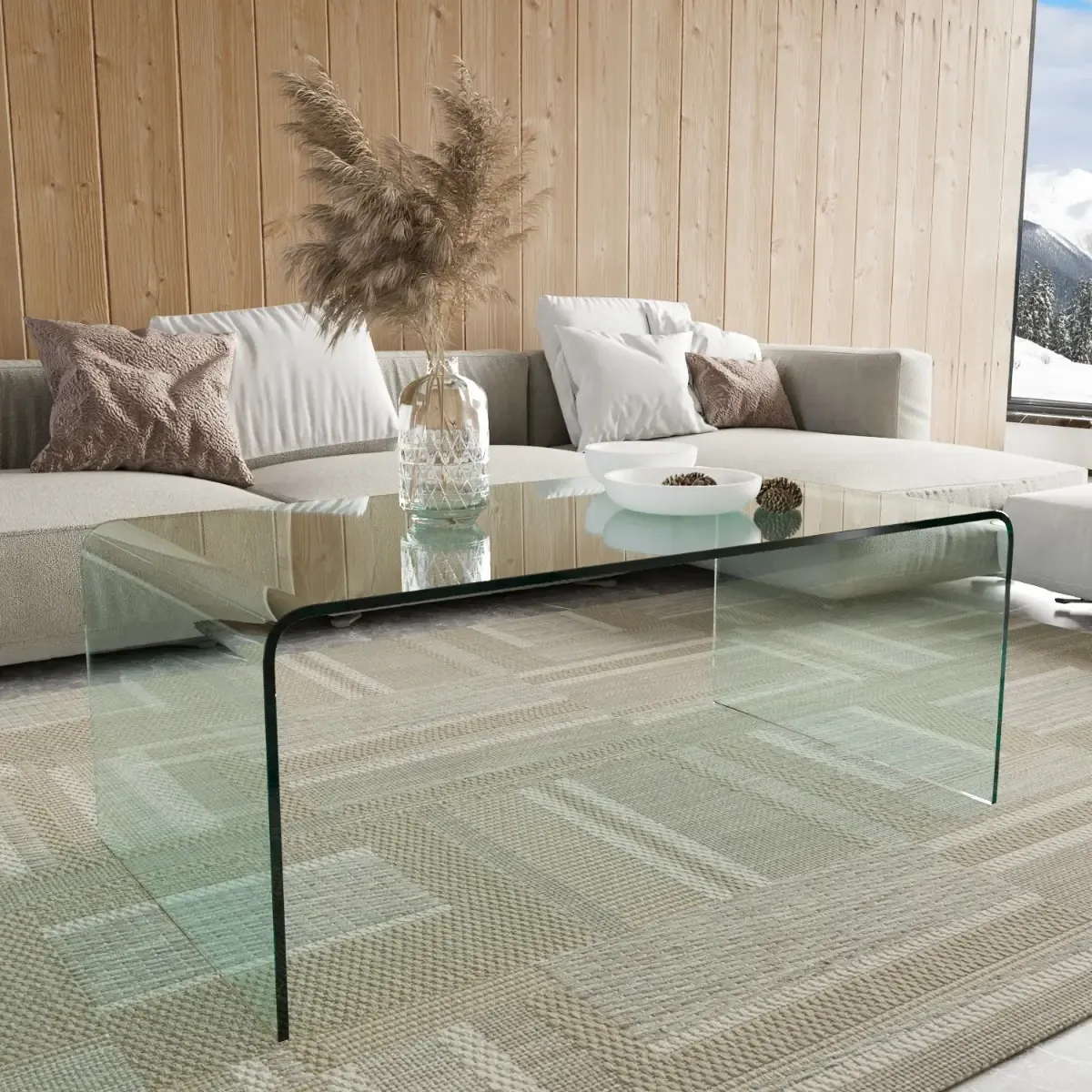 Tavolino Basso da Salotto Rettangolare in Vetro e Curvato (110 x 43 x 60 cm)- Luxury Z-01 - Design curvo e Moderno-Trasparente-110 x 43 x 60 cm