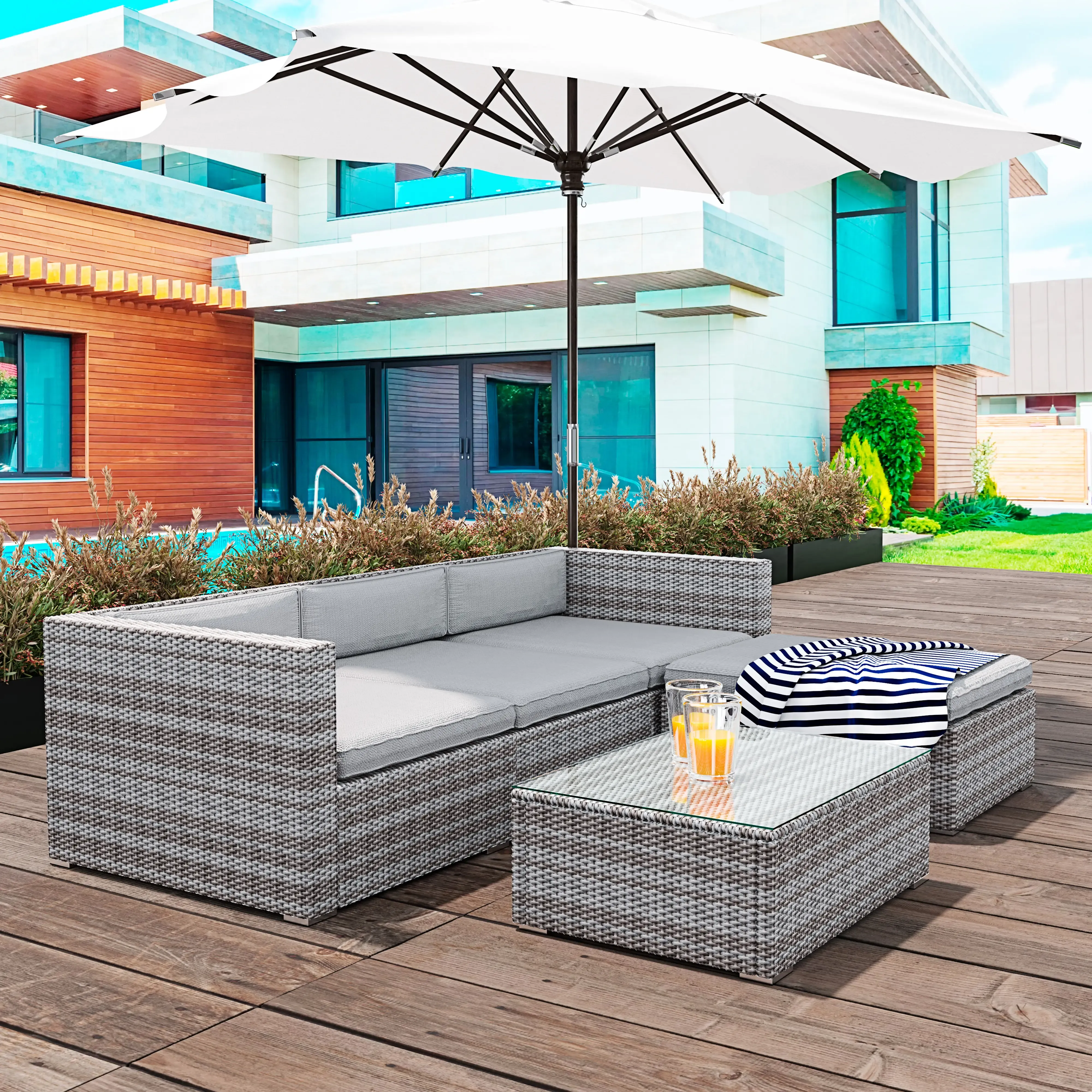 Salotto Salottino 3 Posti In Rattan Set Di Mobili 3 Poltrone 1 Pouf 1 Tavolino Con Ripiano In Vetro Per Giardino Esterno Piscina Patio Cuscini Sfoderabili Divano Da Esterno Colore Grigio