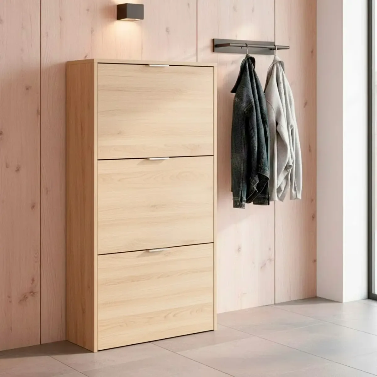 Scarpiera A Ribalta Salvaspazio 3 Ante E 6 Ripiani Mobile Portascarpe Antigraffio Fino A 20 Paia Di Scarpe Design Moderno Minimal Ingresso Corridoio Retro Porta 113 x 60 x 22 Cm-Rovere