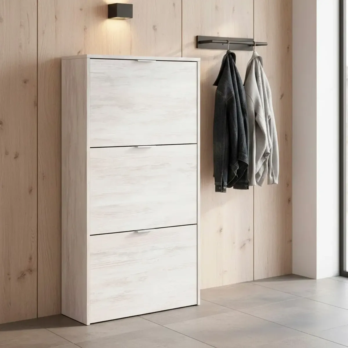 Scarpiera A Ribalta Salvaspazio 3 Ante E 6 Ripiani Mobile Portascarpe Antigraffio Fino A 20 Paia Di Scarpe Design Moderno Minimal Ingresso Corridoio Retro Porta 113 x 60 x 22 Cm-Rovere chiaro