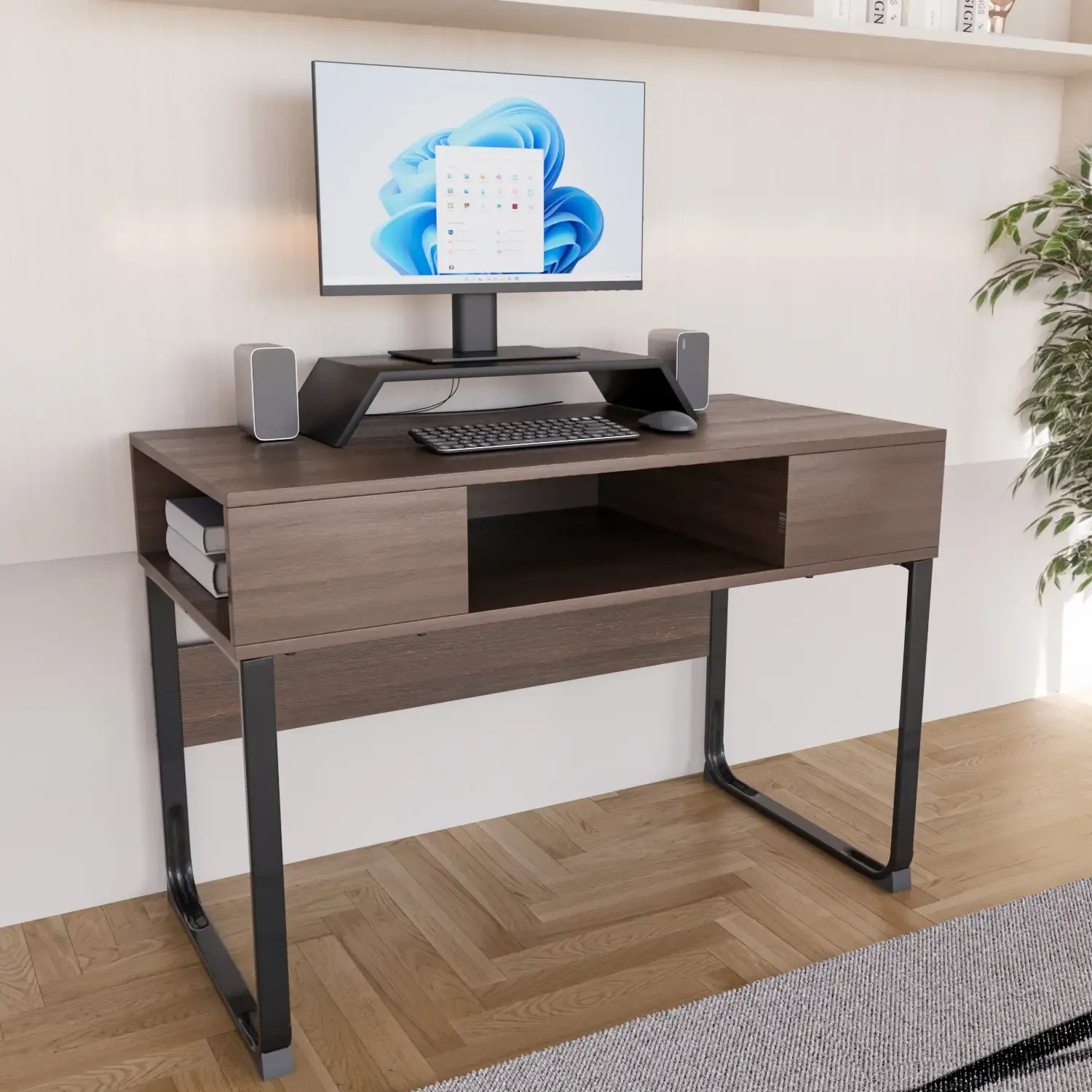 Scrivania Con 3 Ripiani Aperti In Legno Con Gambe In Metallo Scrittoio Mobile Per Computer Desk Da Ufficio Studio Cameretta Soggiorno Sala Da Pranzo Design Industrial 110 x 76.5 x 55 cm (Marrone)