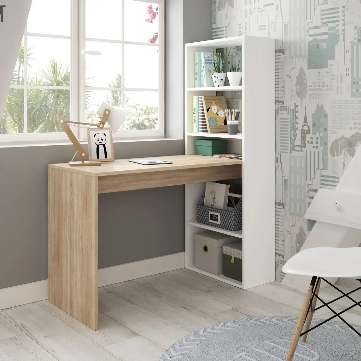 Scrivania Con Libreria Reversibile Kirkensen Scrittoio Scaffali Laterali Mobile Desk da Ufficio Soggiorno Sala Da Pranzo 120 x 144 x 53 cm Colore Bianco e Rovere