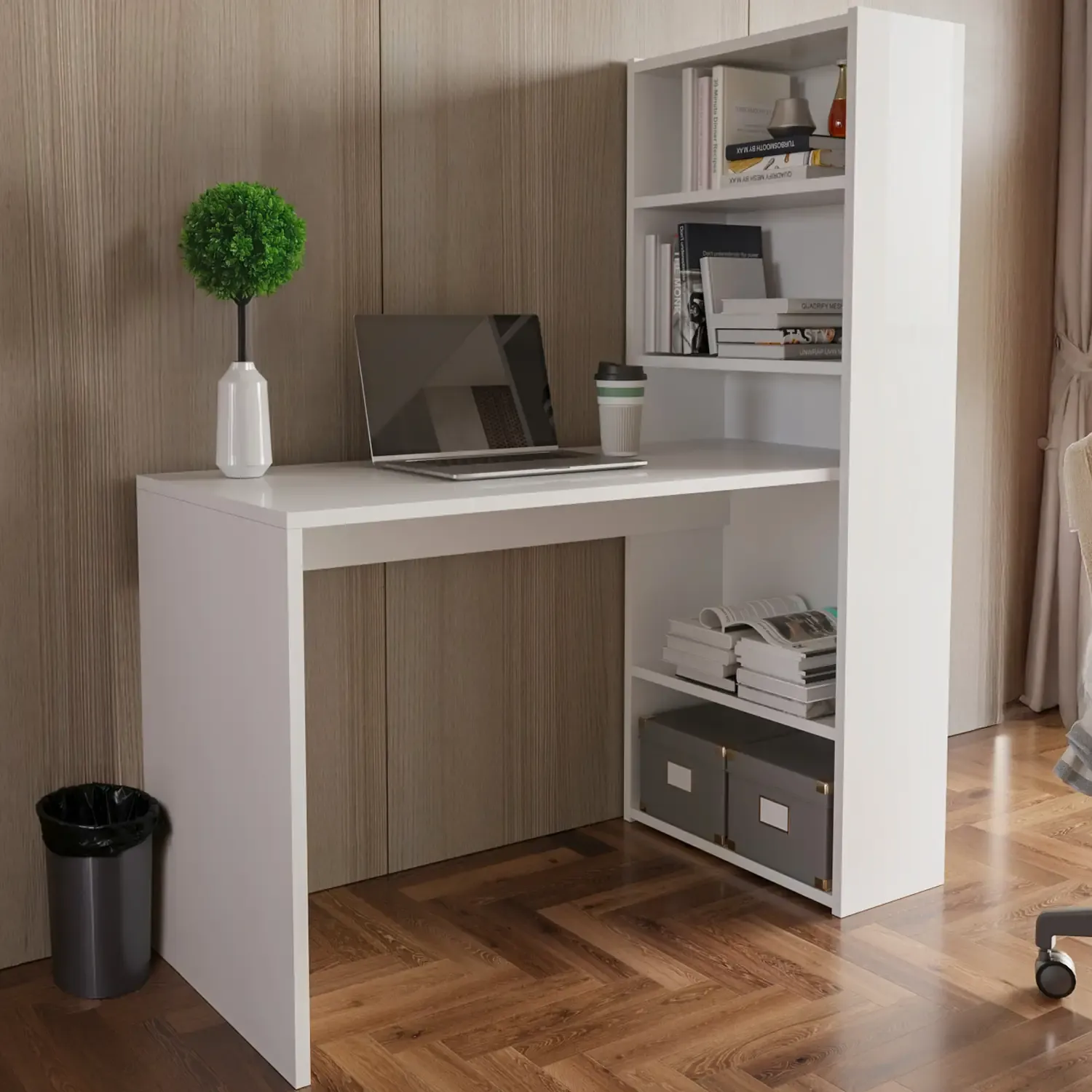 Scrivania Con Libreria Reversibile Salvaspazio Barlow Scrittoio Scaffali Laterali Mobile Desk Postazione Pc Da Studio Ufficio Soggiorno Sala da Pranzo 120 x 144 x 53 cm Colore Bianco