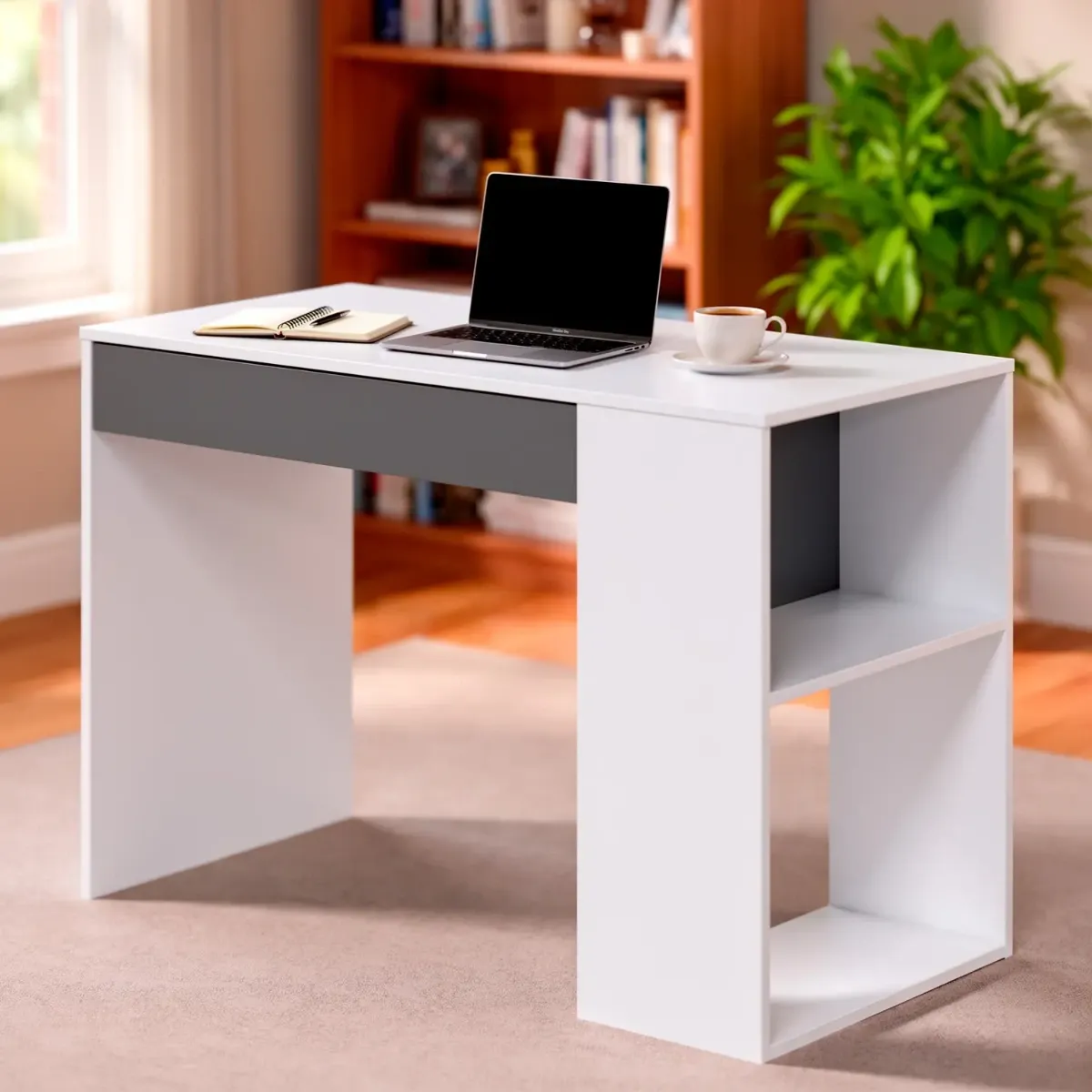 Scrivania Da Lavoro Per Computer Desk Con Cassetto Reversibile Design Moderno Ufficio Home Office Casa Cameretta Camera Soggiorno 73 x 101 x 50 Cm-Bianco e Grigio Antracite