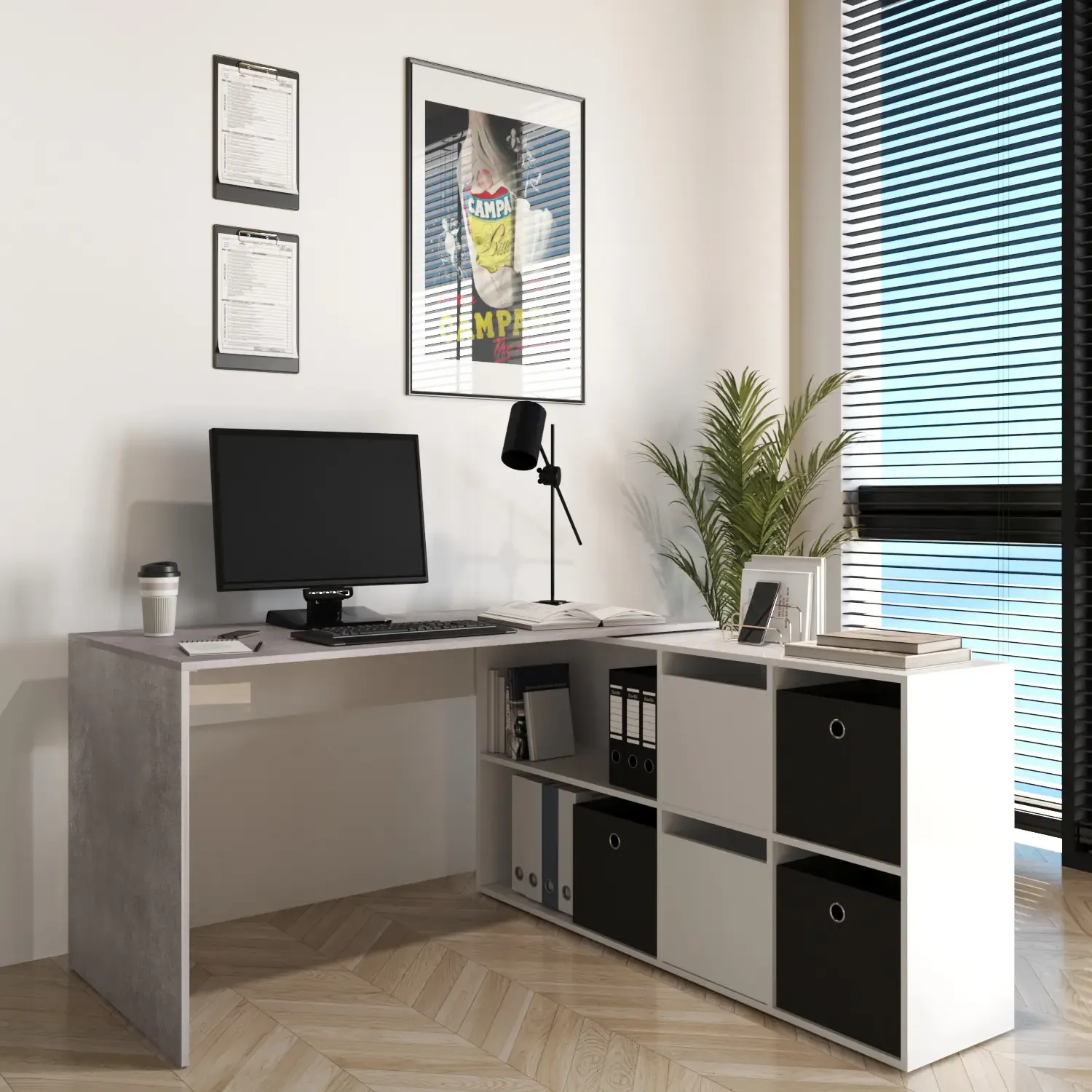Scrivania Multiposizione con Scompartimenti Murcia Scrittoio Mobile per Computer Desk da Ufficio Soggiorno Sala da Pranzo 136 x 74 x 66 cm Colore Bianco Lucido E Grigio Cemento