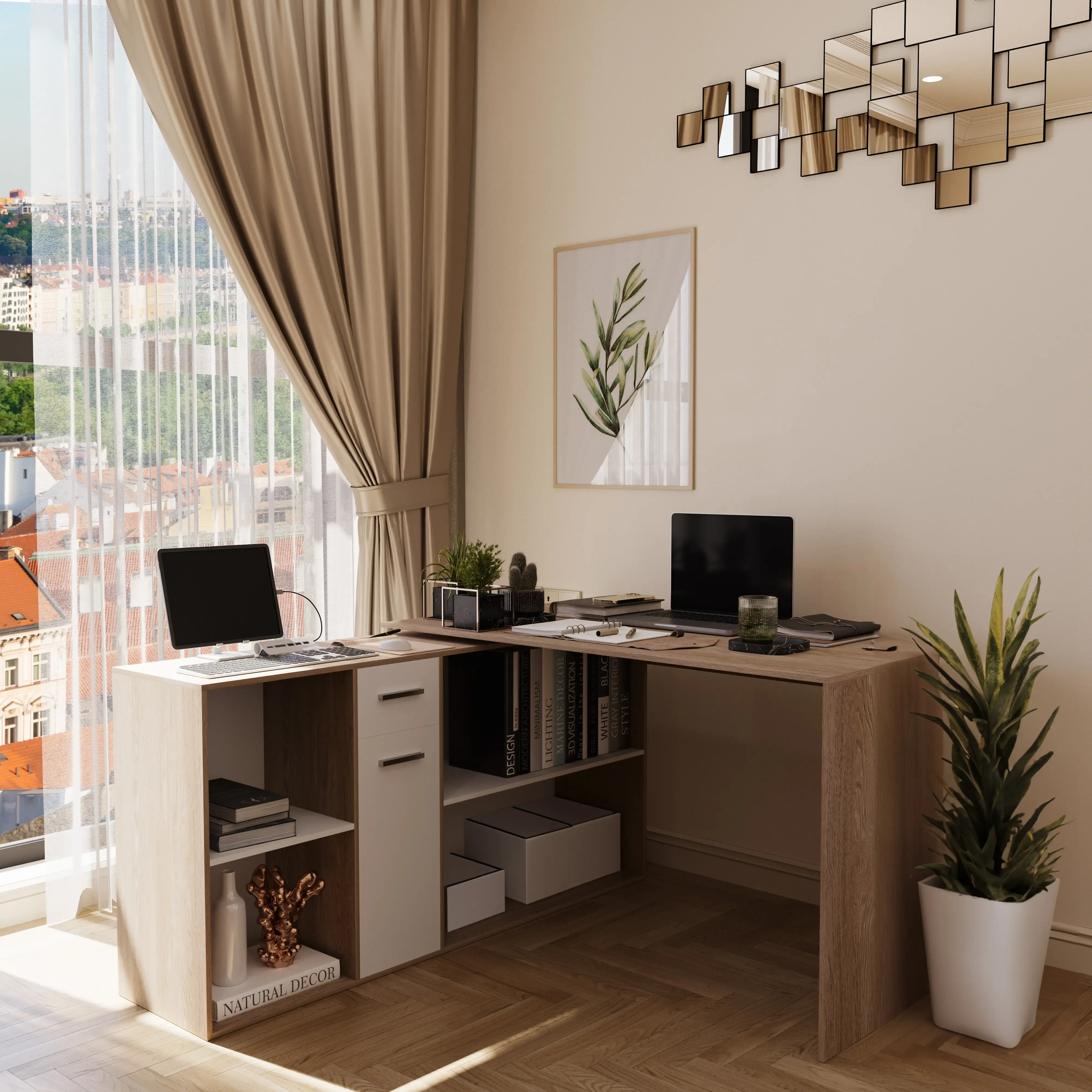 Scrivania Multiposizione Multiuso Con 6 Scompartimenti Scrittoio Mobile per Computer Laptop Desk Ufficio Soggiorno Sala da Pranzo Camera Design Moderno Bocas 120 x 75 x 120 Cm (Bianco E Rovere)