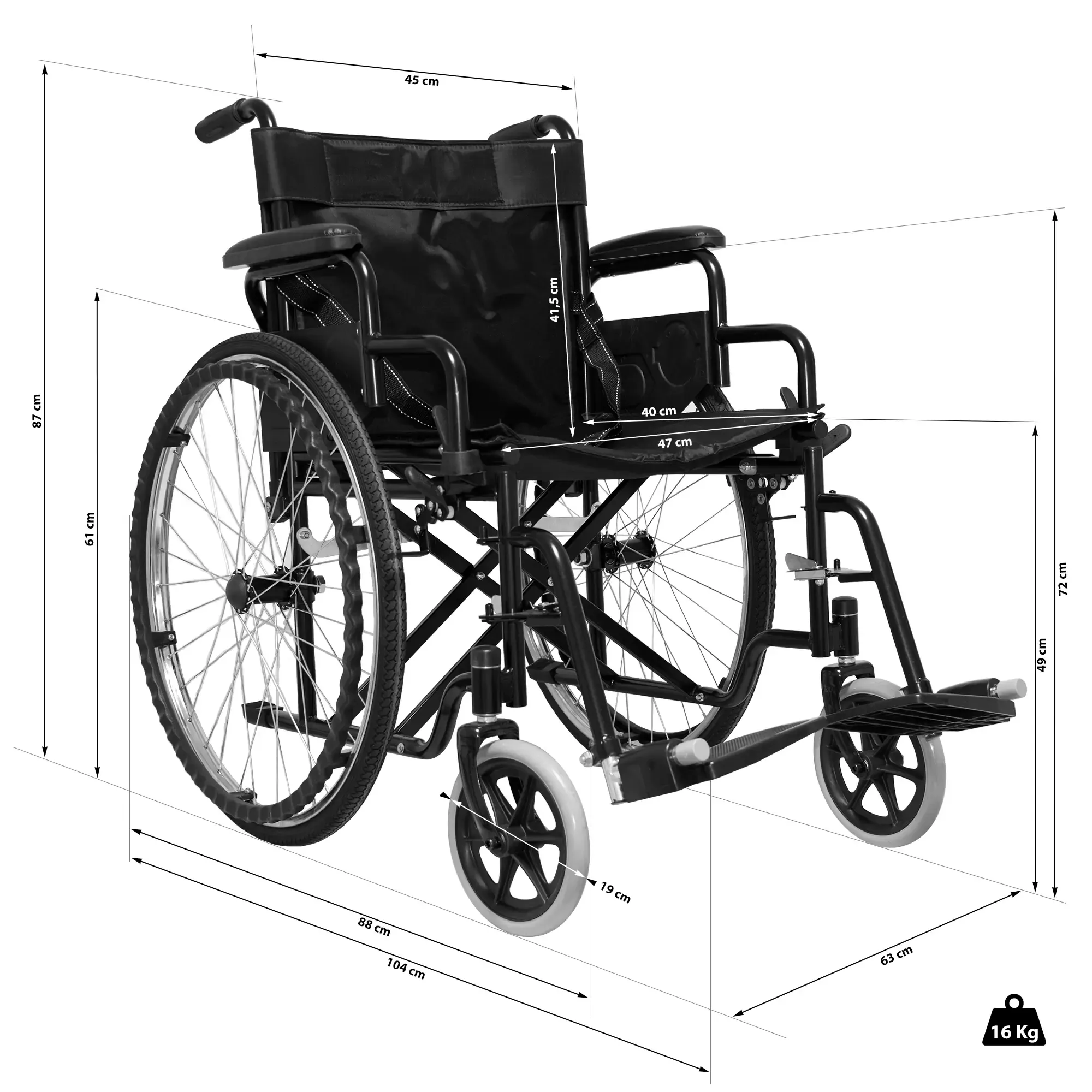 Sedia a Rotelle Pieghevole Leggera ad Autospinta,Carrozzina per Disabili ed Anziani con Braccioli Poggiapiedi Estraibili,Cintura di Sicurezza,Qualità Certificata,63 x 87 x 104 cm,Nero