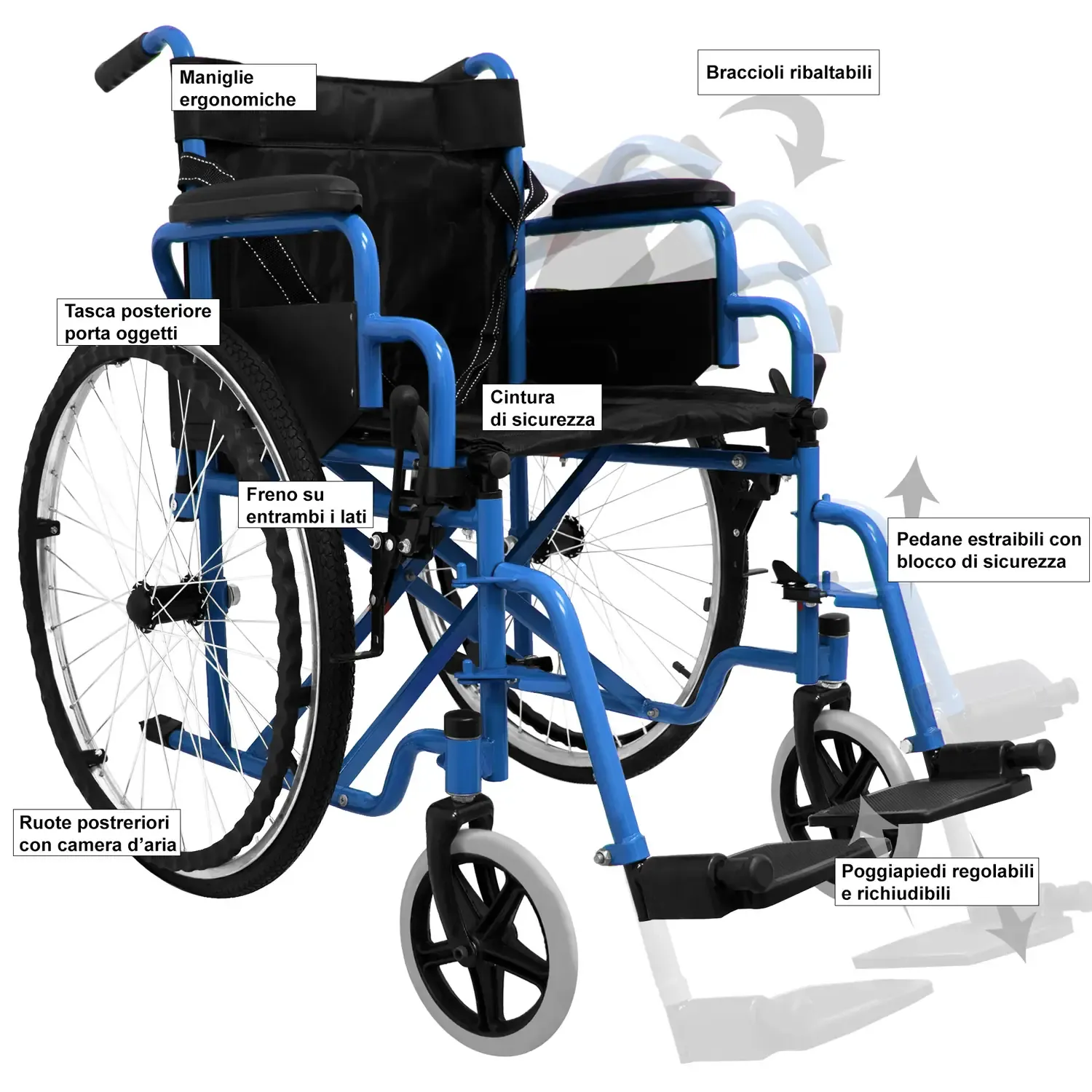 Sedia a Rotelle Pieghevole Leggera ad Autospinta,Carrozzina per Disabili ed Anziani con Braccioli Poggiapiedi Estraibili,Cintura di Sicurezza,63 x 87 x 104 cm,Blu