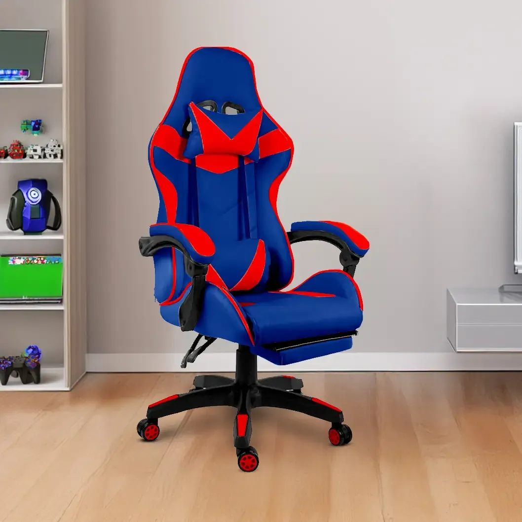 Sedia Gaming Poltrona Ufficio Scrivania Casa PC Stile Racing Girevole Ergonomica In Ecopelle Con Rotelle Cuscino Supporto Lombare Poggiapiedi Poggiatesta Braccioli Altezza Regolabile (Blu e Rosso)