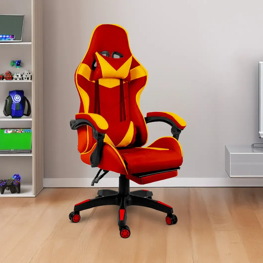 Sedia Gaming Poltrona Ufficio Scrivania Casa PC Stile Racing Girevole Ergonomica In Ecopelle Con Rotelle Cuscino Supporto Lombare Poggiapiedi Poggiatesta Braccioli Altezza Regolabile (Giallo e Rosso)