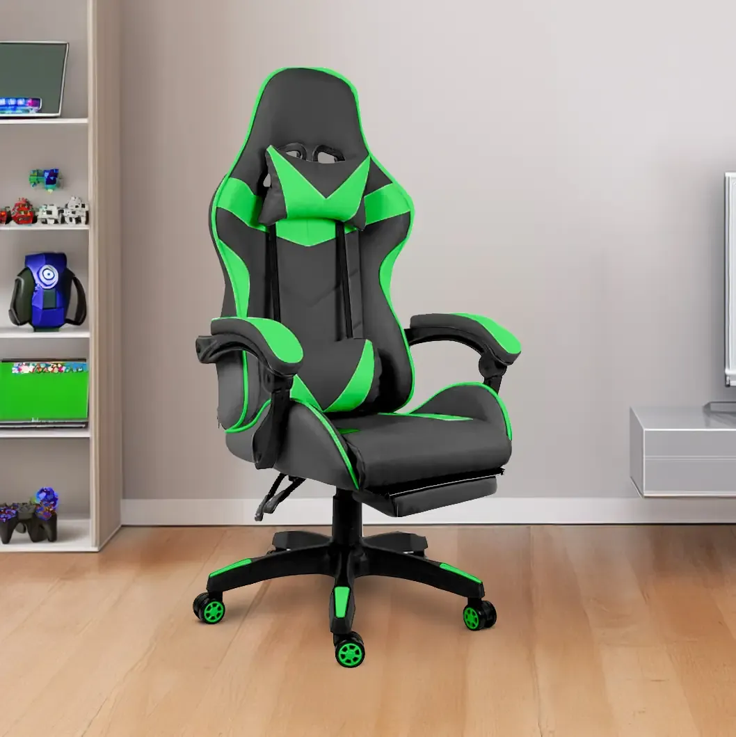 Sedia Gaming Poltrona Ufficio Scrivania Casa PC Stile Racing Girevole Ergonomica In Ecopelle Con Rotelle Cuscino Supporto Lombare Poggiapiedi Poggiatesta Braccioli Altezza Regolabile (Nero e Verde)
