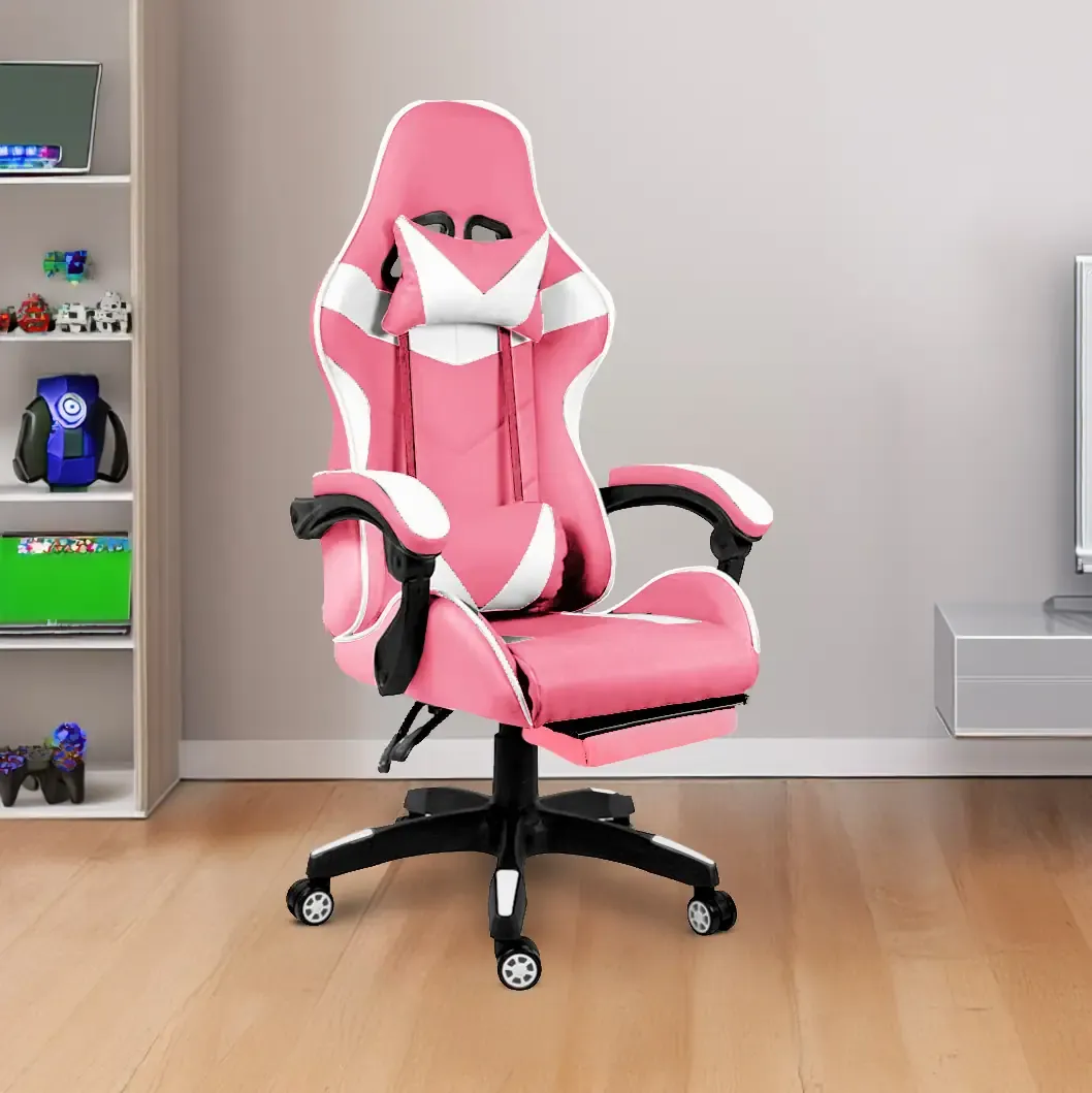 Sedia Gaming Poltrona Ufficio Scrivania Casa PC Stile Racing Girevole Ergonomica In Ecopelle Con Rotelle Cuscino Supporto Lombare Poggiapiedi Poggiatesta Braccioli Altezza Regolabile (Rosa e Bianco)
