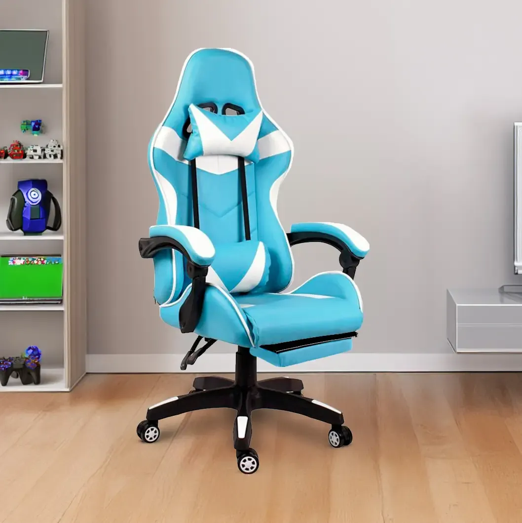 Sedia Gaming Poltrona Ufficio Scrivania Casa PC Stile Racing Girevole Ergonomica In Ecopelle Rotelle Cuscino Supporto Lombare Poggiapiedi Poggiatesta Braccioli Altezza Regolabile (Azzurro e Bianco)