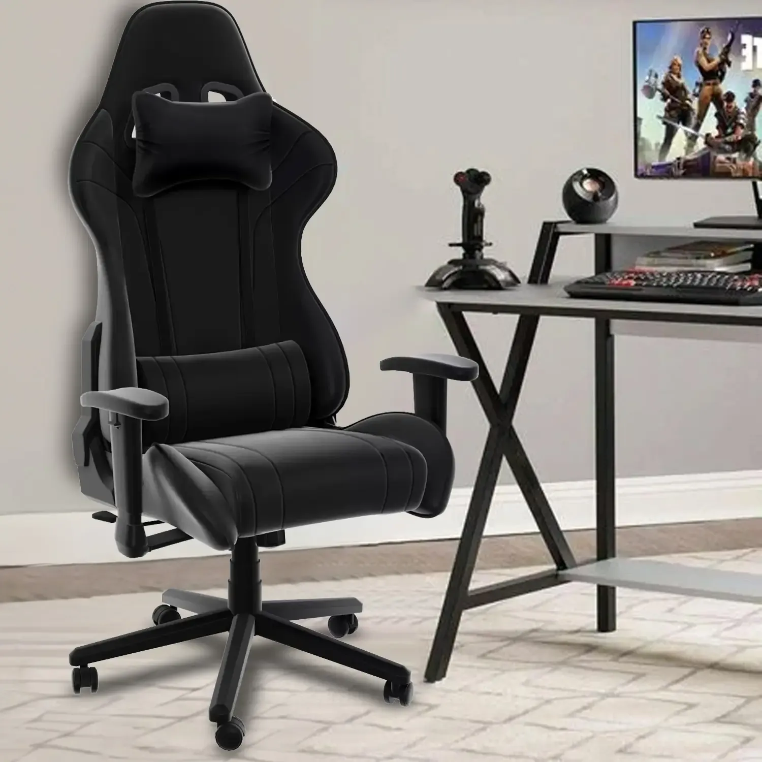 Sedia Gaming Professionale Poltrona Ufficio Scrivania Casa PC Racing Girevole Ergonomica In Ecopelle Rotelle Cuscino Supporto Lombare Poggiatesta Braccioli Altezza Regolabile Gastonia (Nero)
