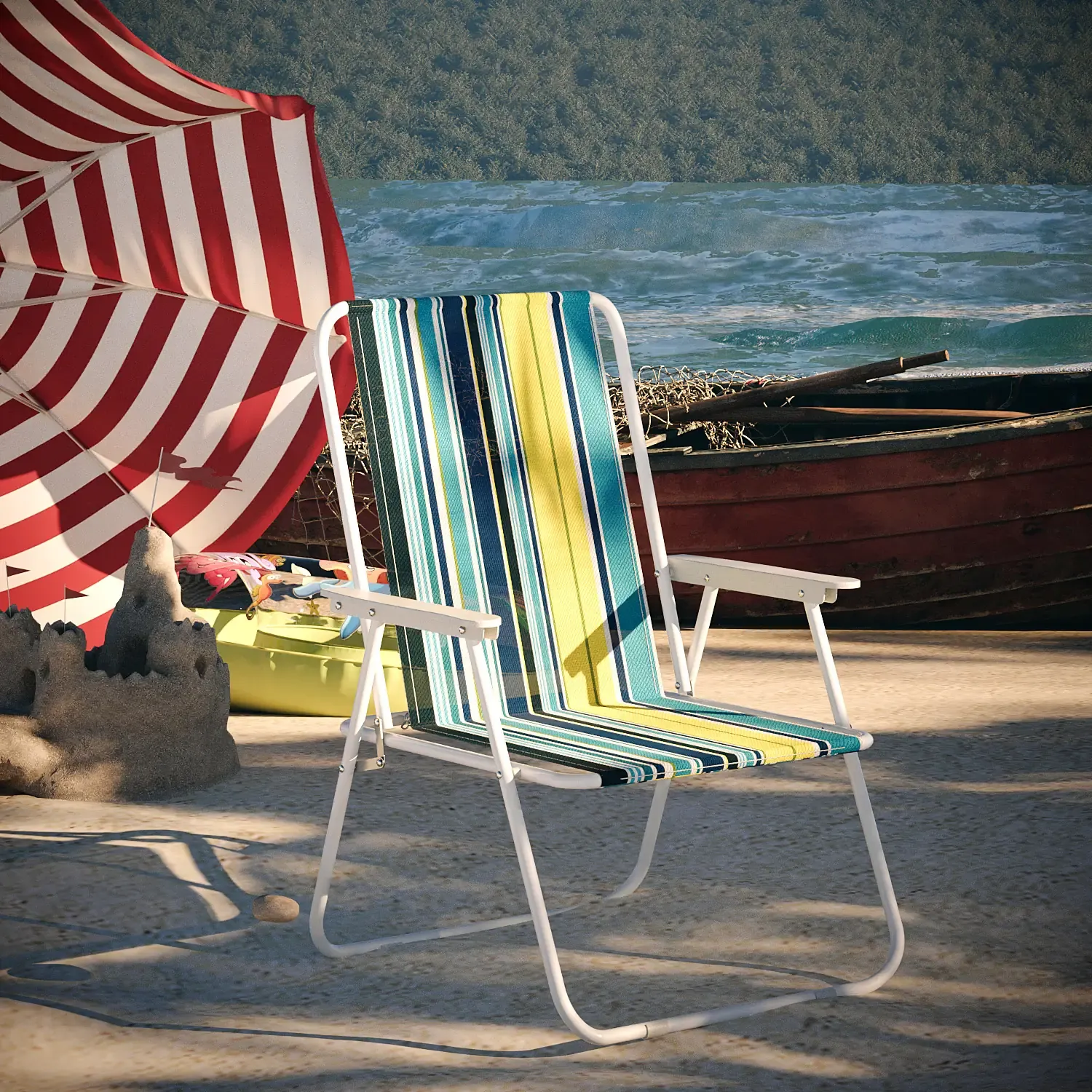 Sedia Pieghevole Da Spiaggia Campeggio Camping Leggera E Resistente In Metallo In Tessuto Oxford 600D Con Braccioli Seggiola Pesca Giardino Terrazzo Balcone Esterno (Multicolore Giallo)