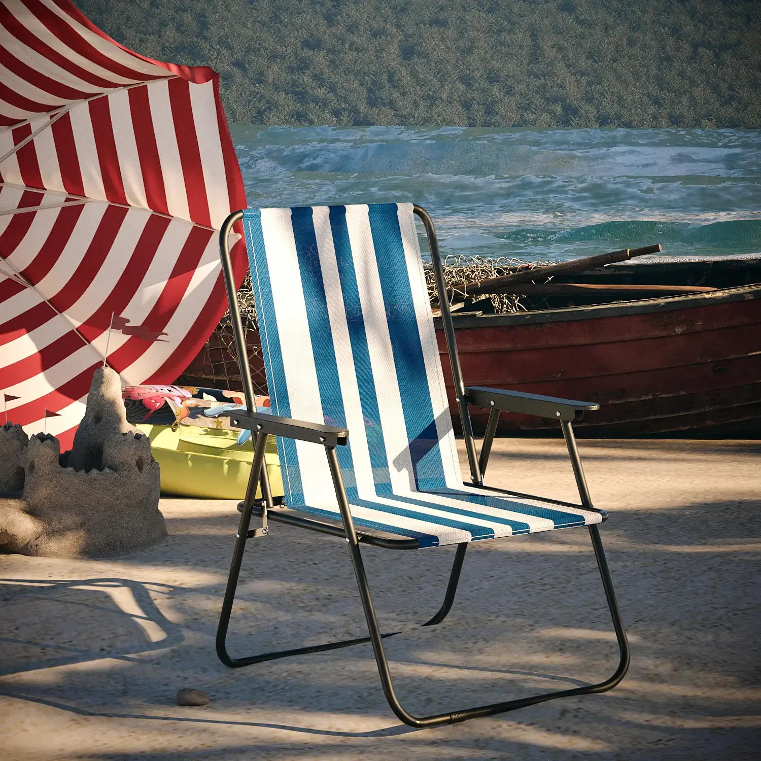 Sedia Pieghevole Da Spiaggia Campeggio Camping Leggera E Resistente In Metallo In Tessuto Oxford 600D Con Braccioli Seggiola Pesca Giardino Terrazzo Balcone Esterno (Strisce Blu)