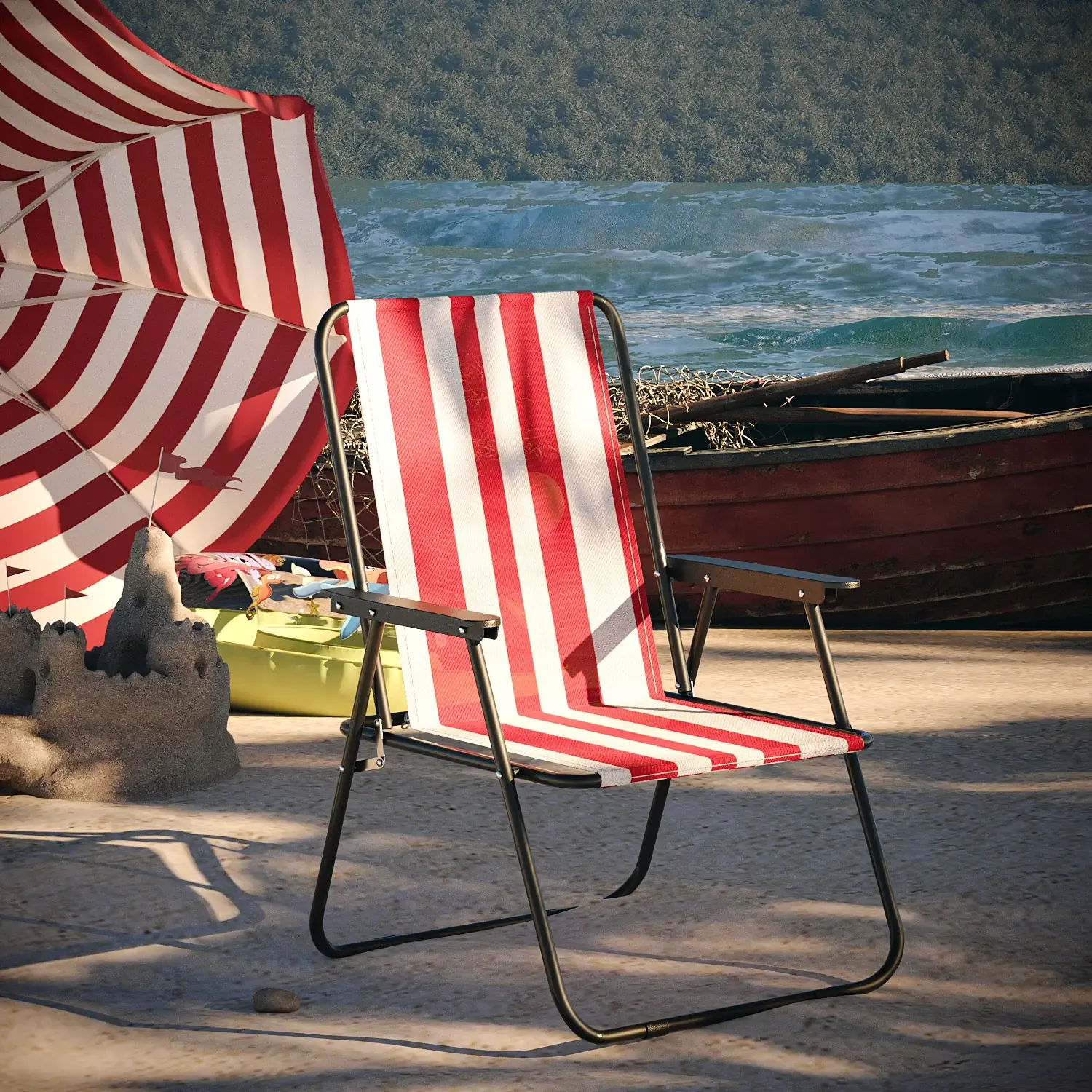 Sedia Pieghevole Da Spiaggia Campeggio Camping Leggera E Resistente In Metallo In Tessuto Oxford 600D Con Braccioli Seggiola Pesca Giardino Terrazzo Balcone Esterno (Strisce Rosse)