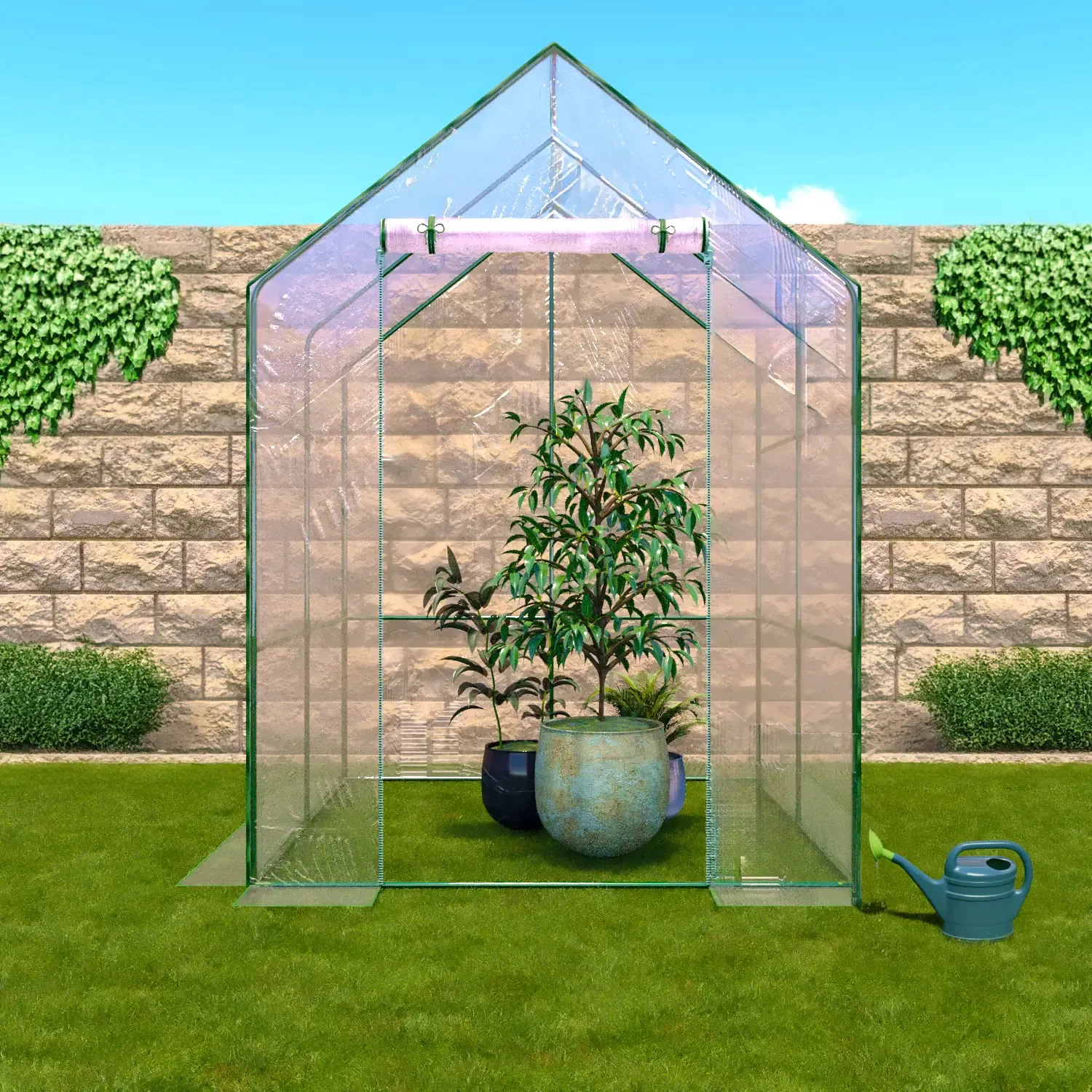 Serra Per Orto Giardino Terrazzo Balcone Senza Ripiani Struttura Metallo Verniciato Telo Trasparente In PVC Con Porta Avvolgibile Apertura A Cerniera Protezione Piante Giardinaggio 140 x 140 x 195 Cm